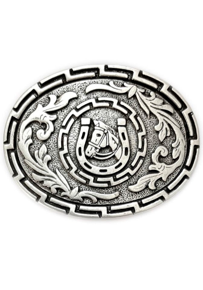 Image of Rettungsring Gürtel Gürtelschnalle "Pferde Oval Hufeisen Silber"