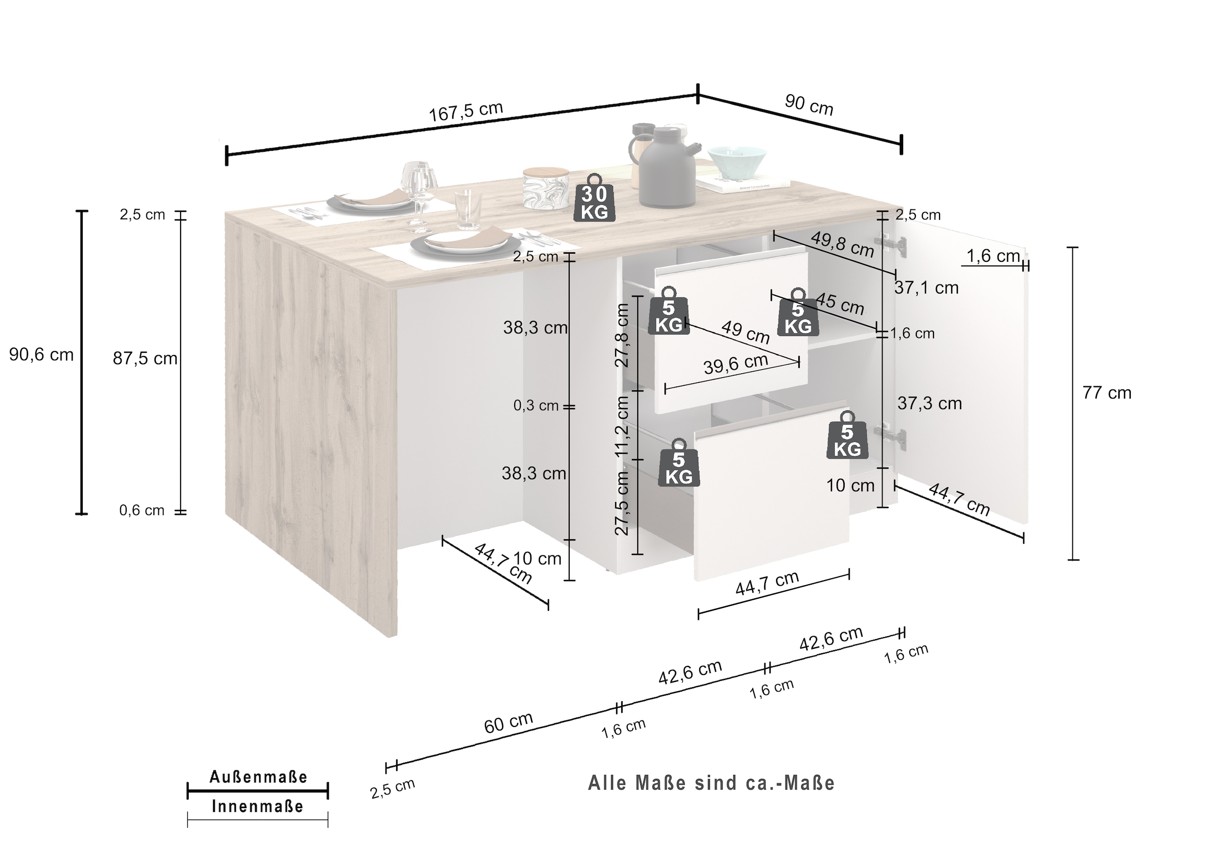 KOCHSTATION Ilot de cuisine »KS-Sole, Kochinsel, Küchenarbeitsblock, Inselküche, Arbeitsinsel« Breite 152,5 cm, mit Essplatz, Handtuchhalter, Fächer und Weinregal
