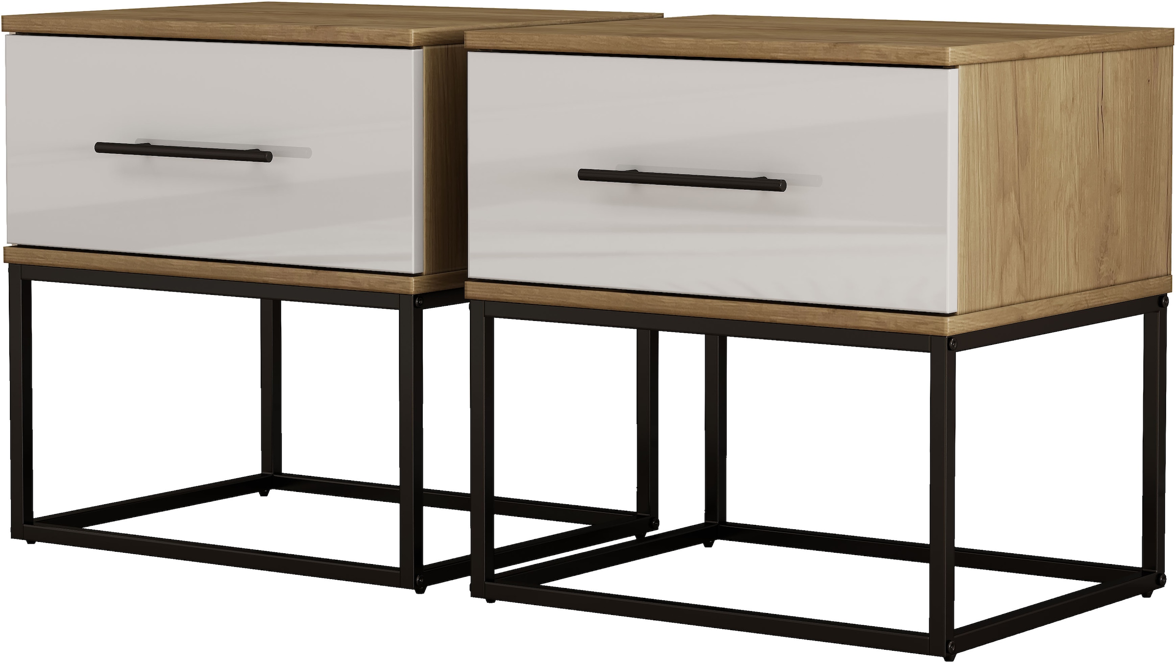 GOODproduct Nachtkommode »Lucca Nachttisch Set mit Metallkufen und schwarzen Griffen« Set, 2 Schränke im Set , Hochglanz Fronten in weiss,  Nchttisch Set mit je einer Schublade in Loft Design