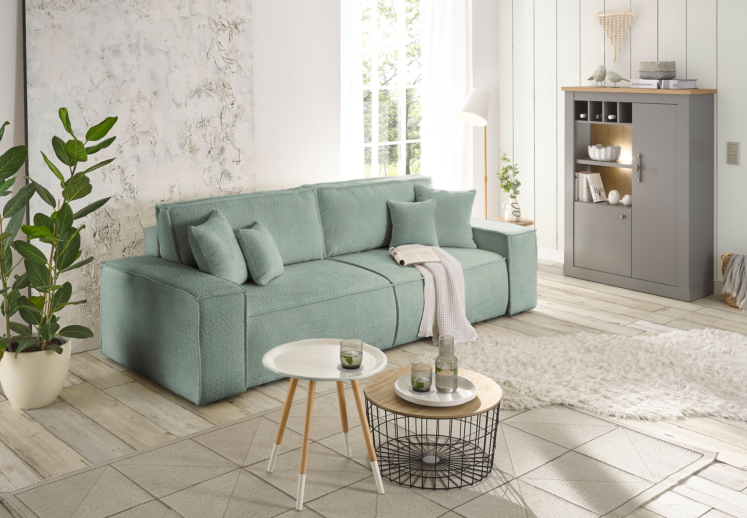 andas 3-Sitzer »FINNLEY Schlafsofa 257 cm, Schlaffunktion mit Bettkasten (200/136cm),«, in Aqua Clean-Bouclé u. Struktur fein