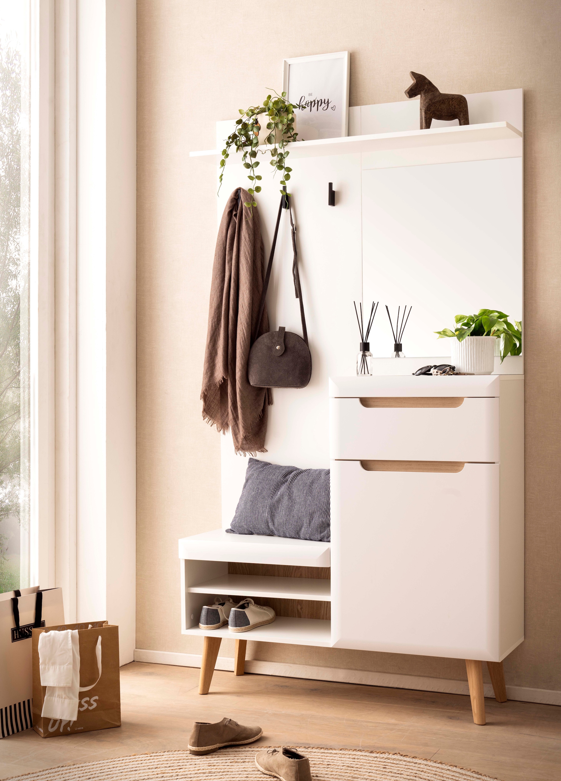 Home affaire Kompaktgarderobe »Torge, Garderobe mit Stauraum, Garderobenschrank im Scandic Design«, in zwei Farben, viel Stauraum, 107 cm breit, für kleine Räume geeignet