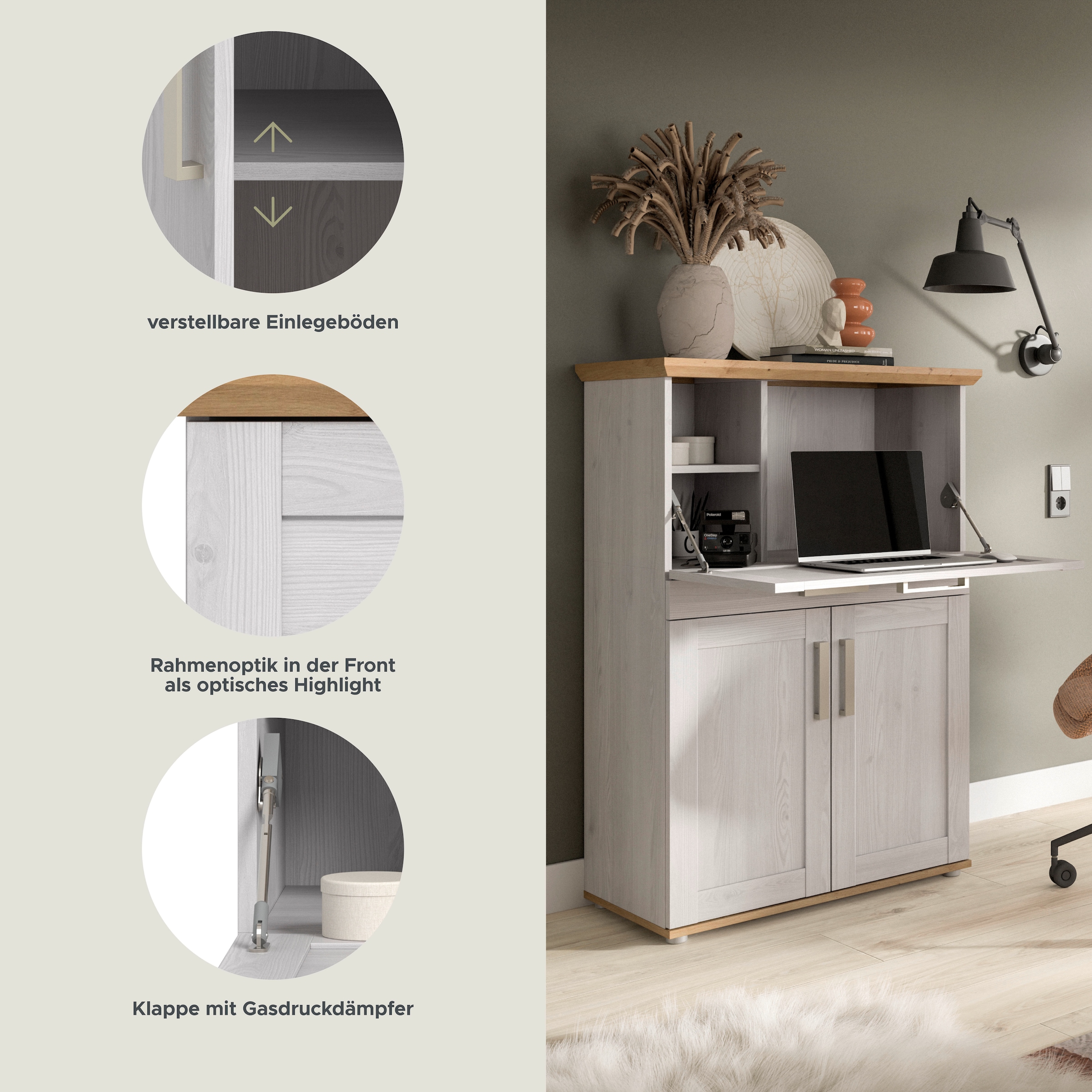 Home affaire Secrétaire »COSENZA, Höhe 122 cm, 2 Türen, 1 Klappe, 1 Schubkasten, 5 Fächer« Style maison de campagne, combinable avec d'autres articles de la série,  Bureau, bureau à domicile, commode, armoire, armoire moyenne