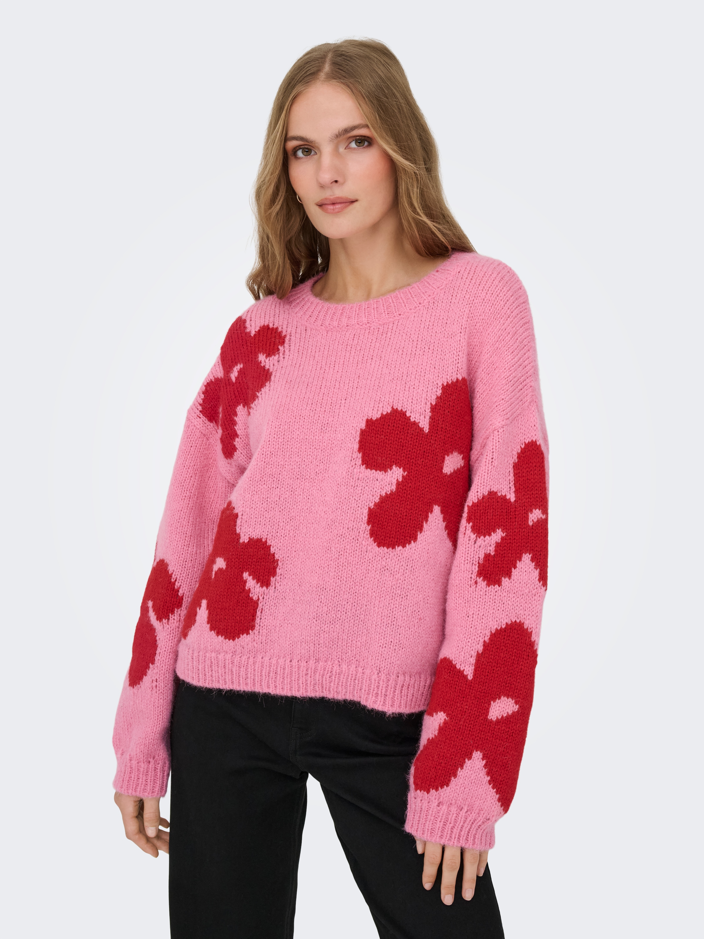 Image of ONLY Strickpullover "ONLBOOTLE LIFE LS FLOWER O-NECK KNT" Kunstfaser, loose fit
