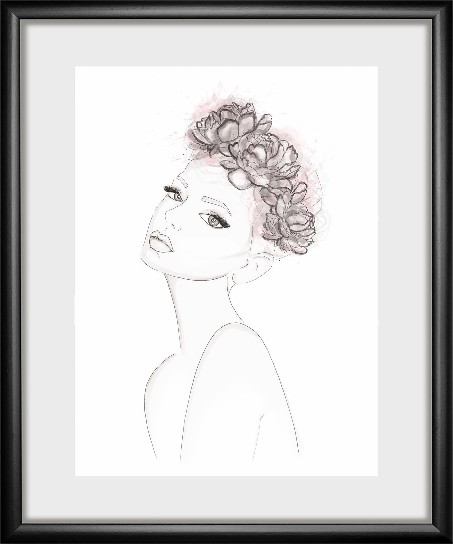 queence Bild "Skizze Frau mit Blumenkranz" Bilder von Frauen  Blumen  Fashion  Frau  Magazincover  Mode  Modebilder HD Premium Poster-Druck inkl. Holzrahmen