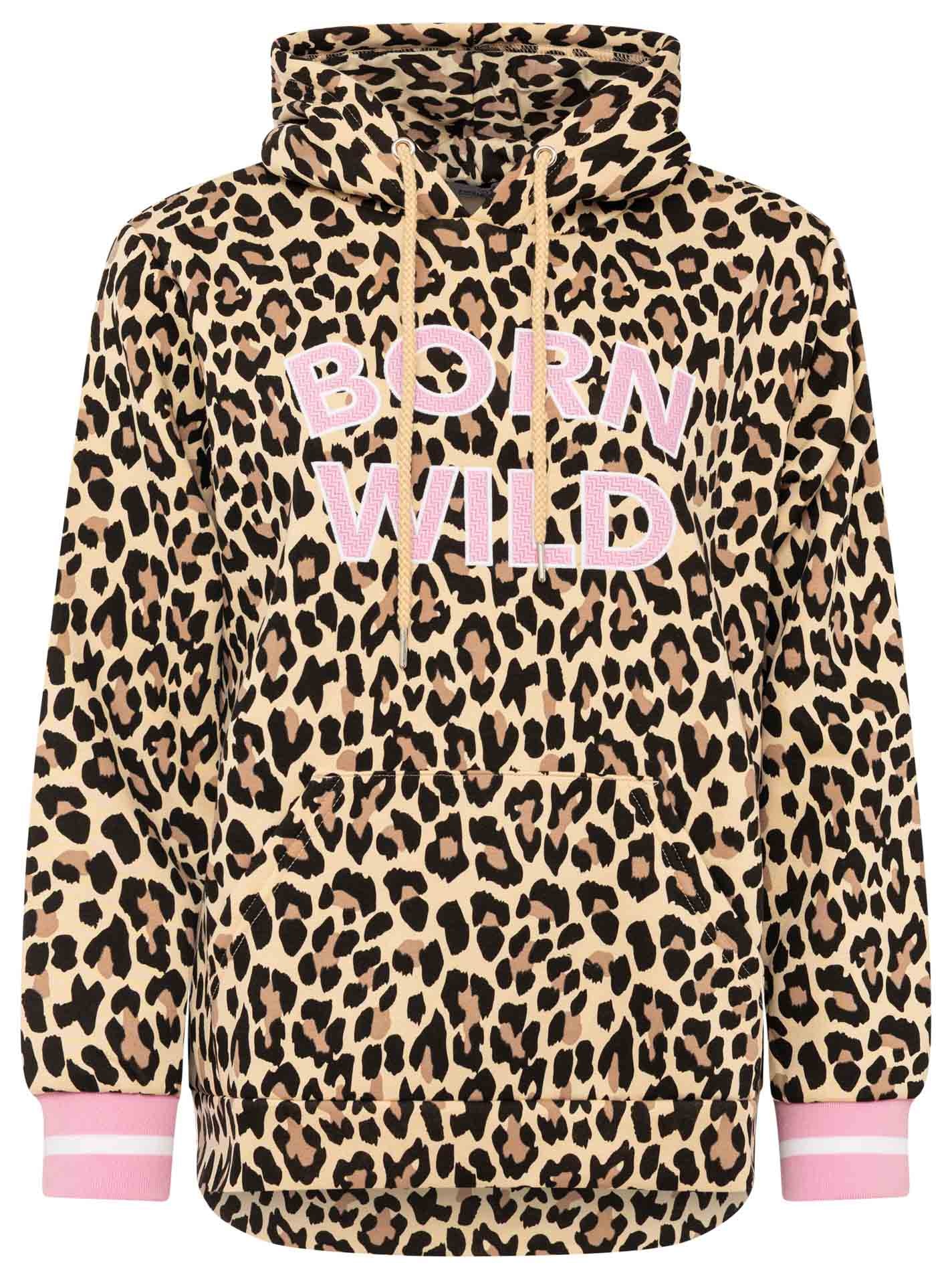 Image of Zwillingsherz Hoodie ""Born Wild"", Mini Me Style, Leo-Allover, Schriftzug, gestreifte Bündchen, Kapuze