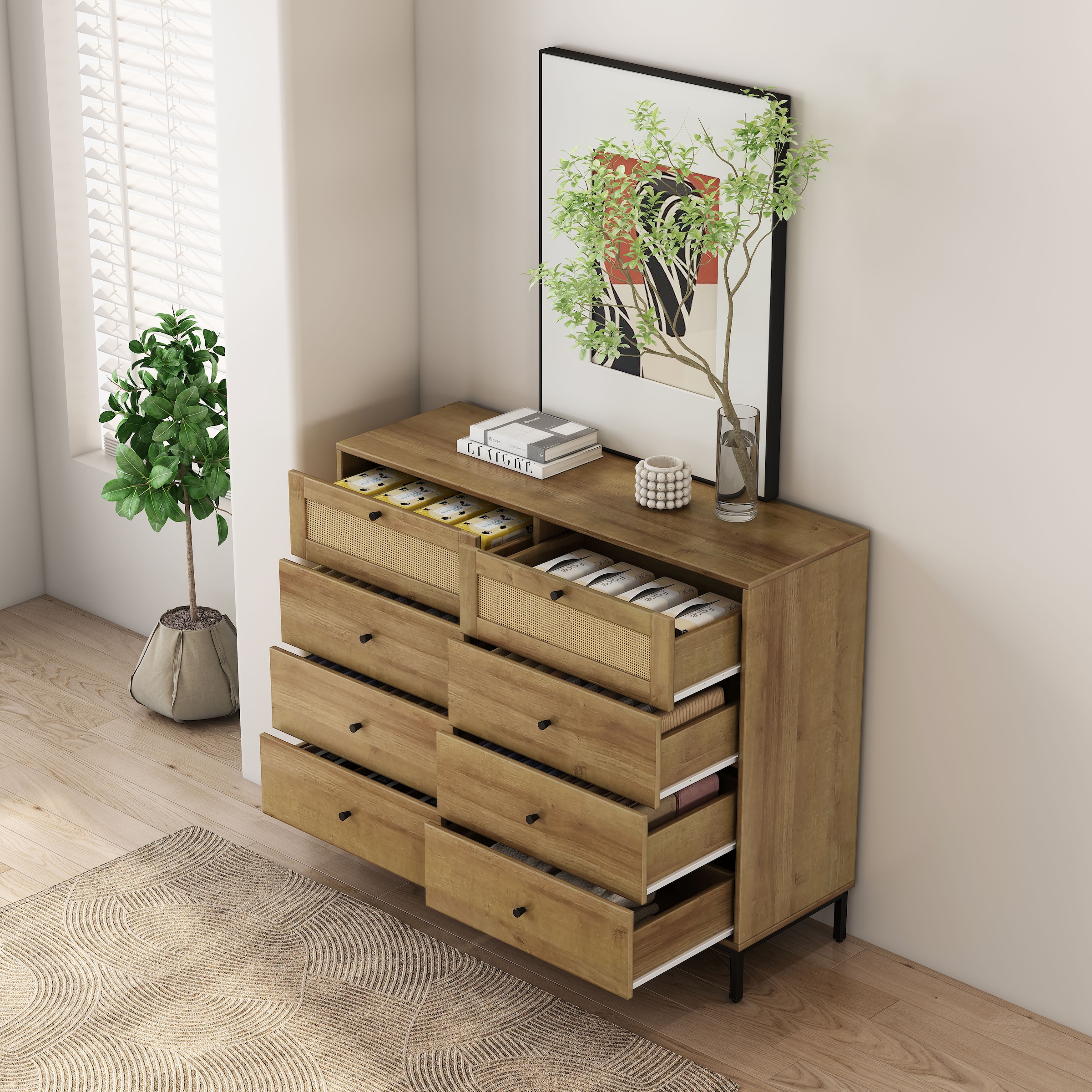 GOODproduct Kombikommode »Motala Wäsche Schrank mit 8 Schubladen Sideboard BOHO Design« Eichen-Design mit schwarzen Griffen und Geflecht Schubladen,  Kommode Schrank Wäscheschrank mit 8 Schubladen