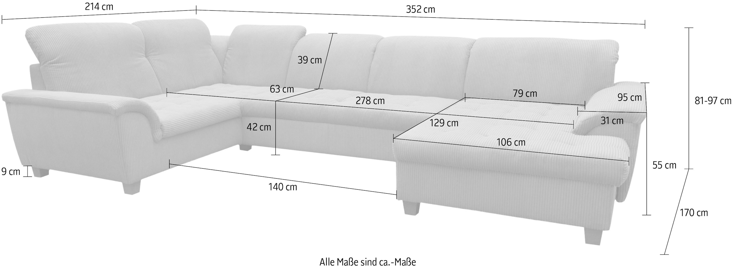 GOODproduct Wohnlandschaft »Egedal 352 x 214 cm, auch mit Schlaffunktion & Bettkasten, Holzfüsse« Kopfteile verstellbar, U-Form, aus pflegeleichtem Lu x us-Microfaser