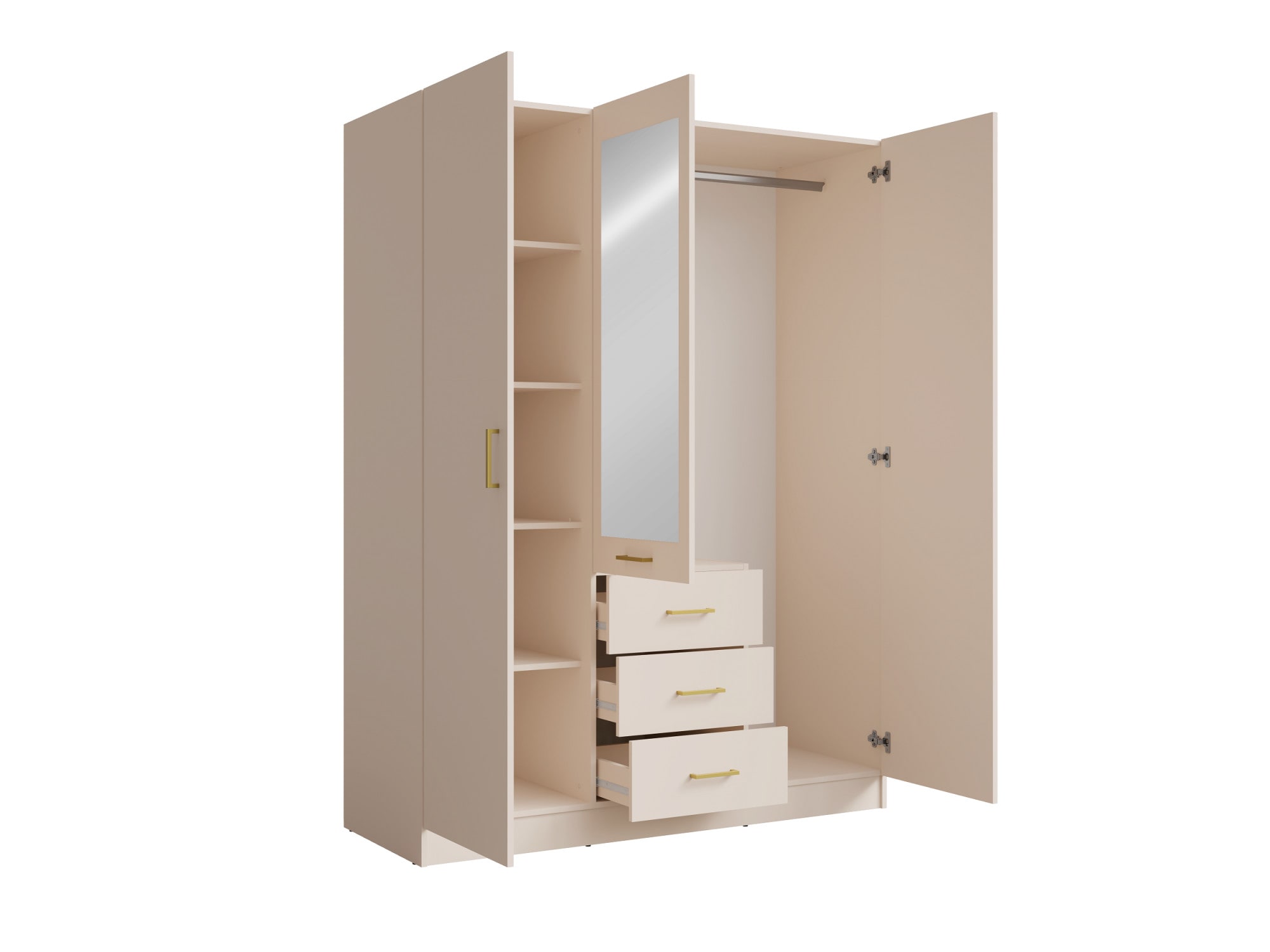 Home affaire Armoires à vêtements »KOS Garderobe mit 3 Schubladen, Kleiderstange, 4 Einlegeböden, Spiegel« Kleiderschrank mit 3 Türen, goldenen Griffen, Masse B/H/T 150/200/58 cm