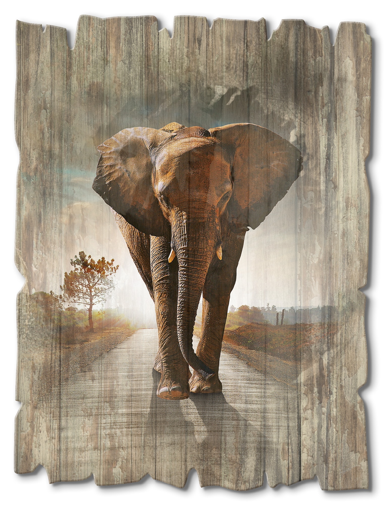 Artland Holzbild »Ein Elefant läuft auf der Strasse«, Wildtiere, (1 St.)