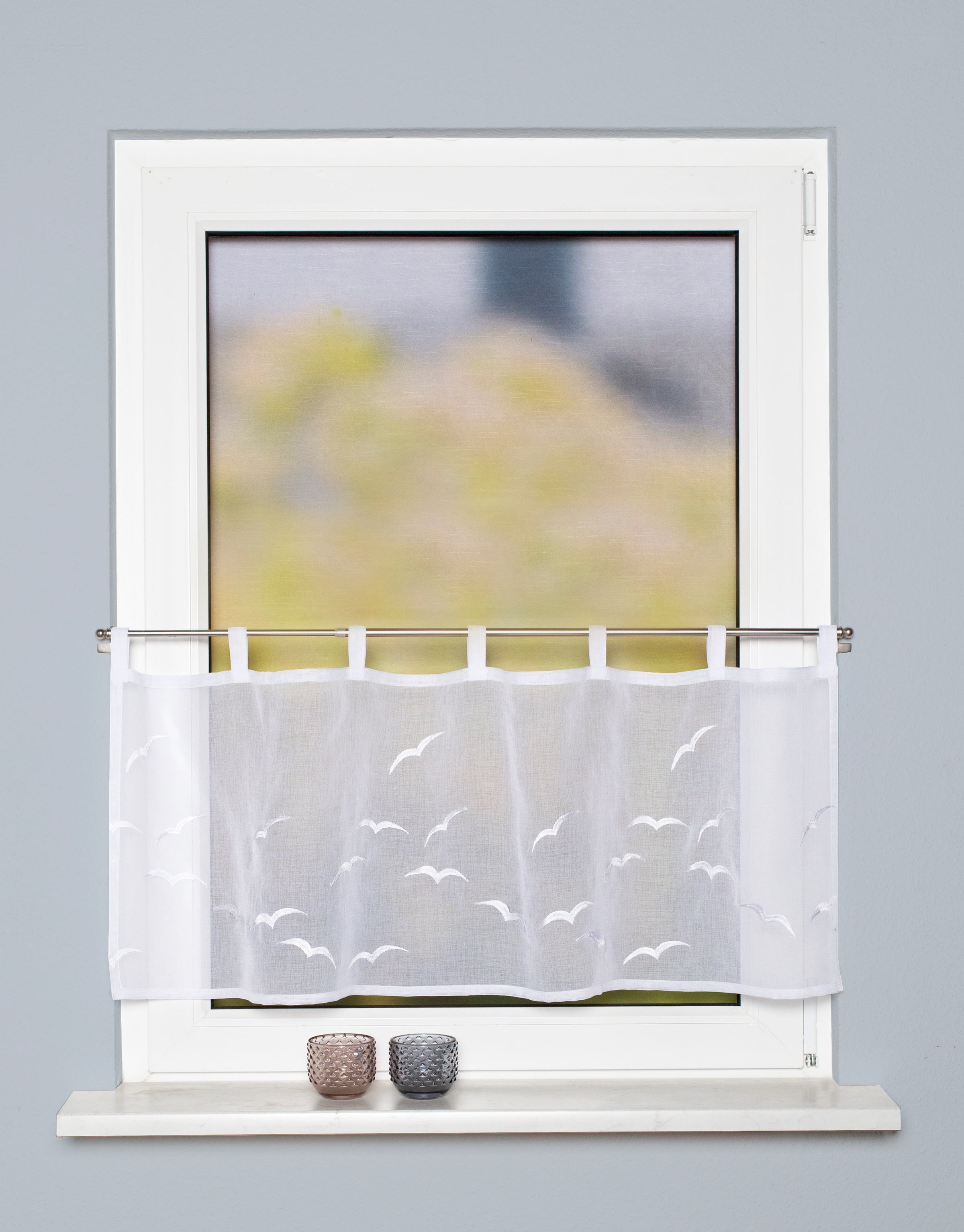 Image of HOME WOHNIDEEN Scheibengardine "THAYER" Schlaufen 1 Stk. tlg. Schlaufencafehaus, Leinenoptik, bestickt