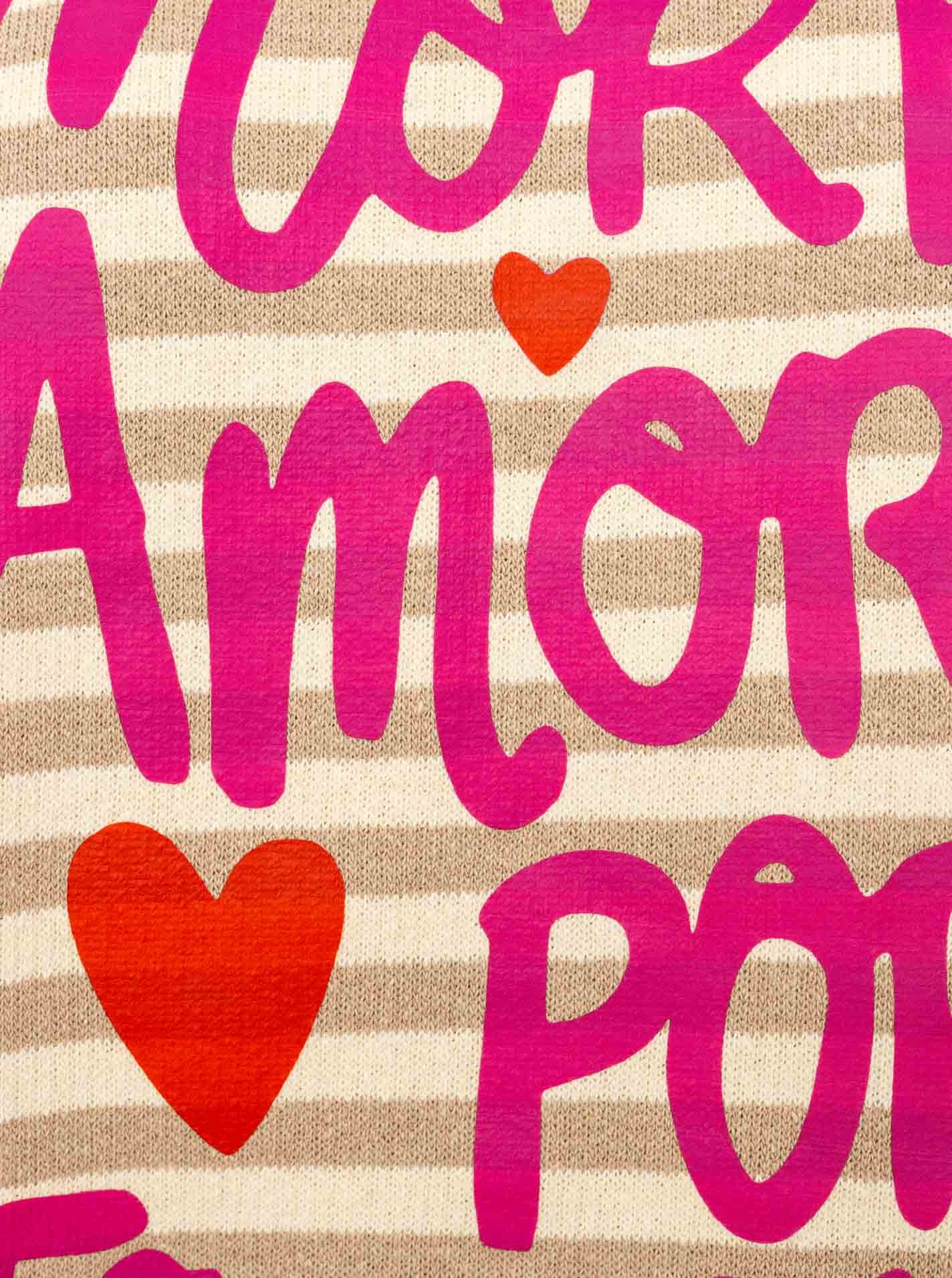Zwillingsherz Pull à rayures »"More Amor Por Favor "« gestreift, Rundhals, grosse Aufschrift