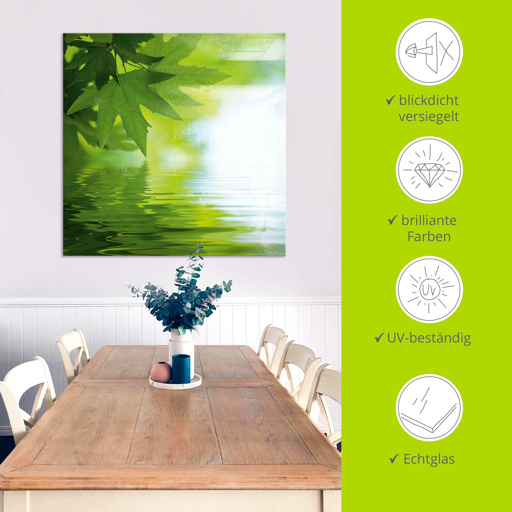 Artland Glasbild »Grüne Blätter reflektieren im Wasser«, Blätter, (1 St.), in verschiedenen Grössen