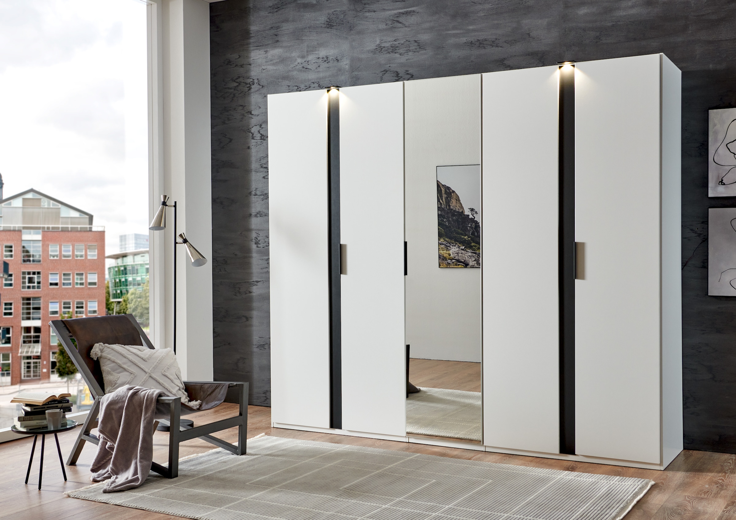 Wimex Drehtürenschrank »Rimini by fresh to go, Kleiderschrank mit Spiegel, Metallgriffe«, inklusive LED Beleuchtung, B/T/H 250/58/216cm, weiss oder graphit
