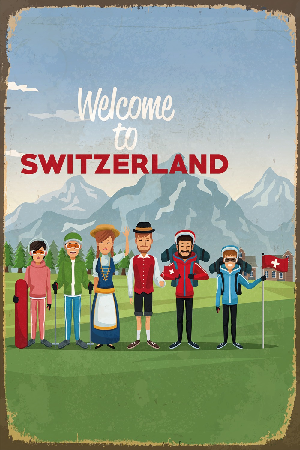 Image of queence Metallbild "WELCOME TO SWITZERLAND" Berge & Alpenbilder Schriftzug Schriftzüge Schweiz Sprüche Sprüche & Texte Vintage Stahlschild, Blechschild, St. Moritz, Schweiz