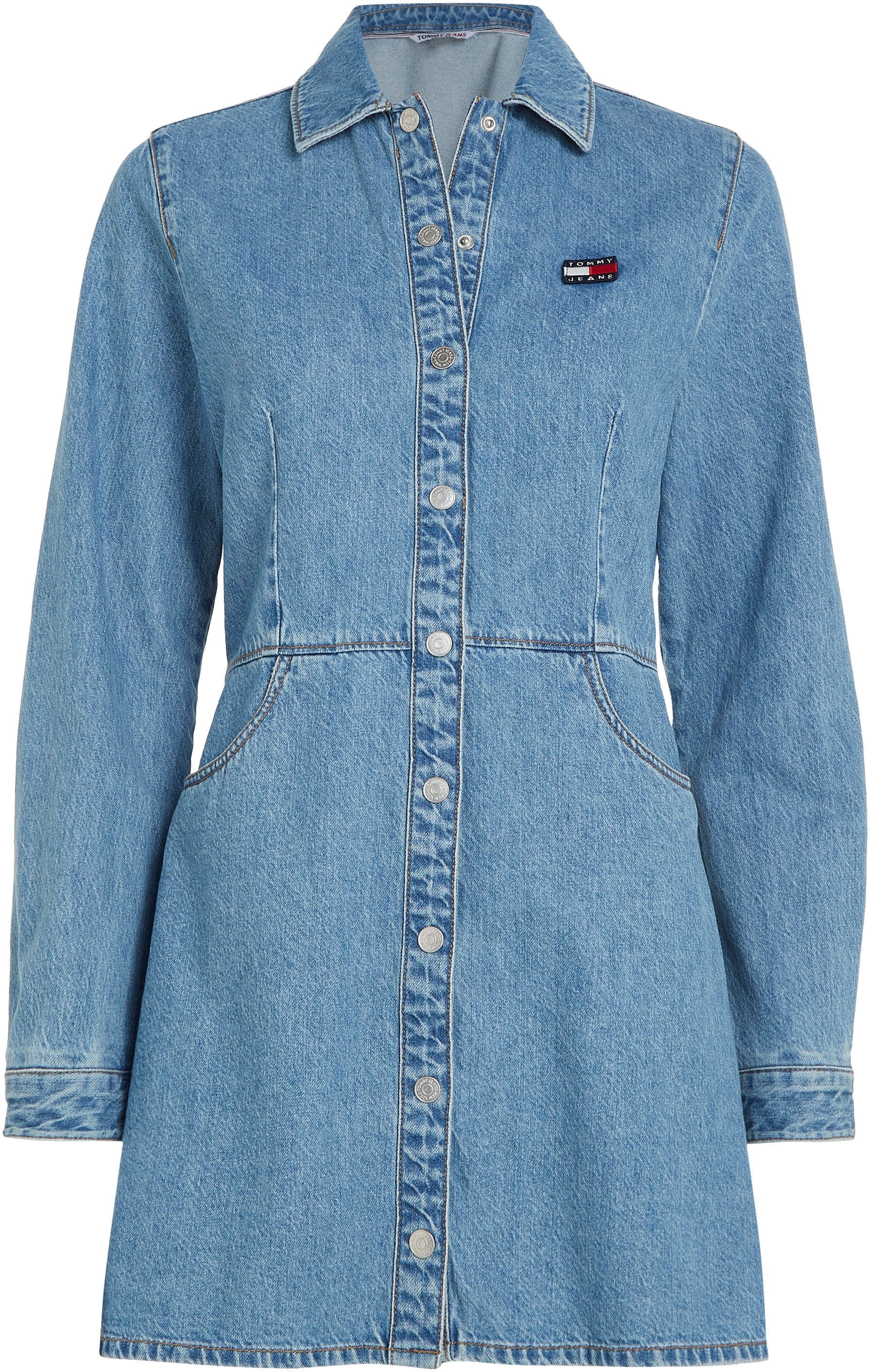 Tommy Jeans Jeanskleid »TJW LS BADGE DENIM MINI DRESS«, mit dezentem Kontrastband am Krageninneren