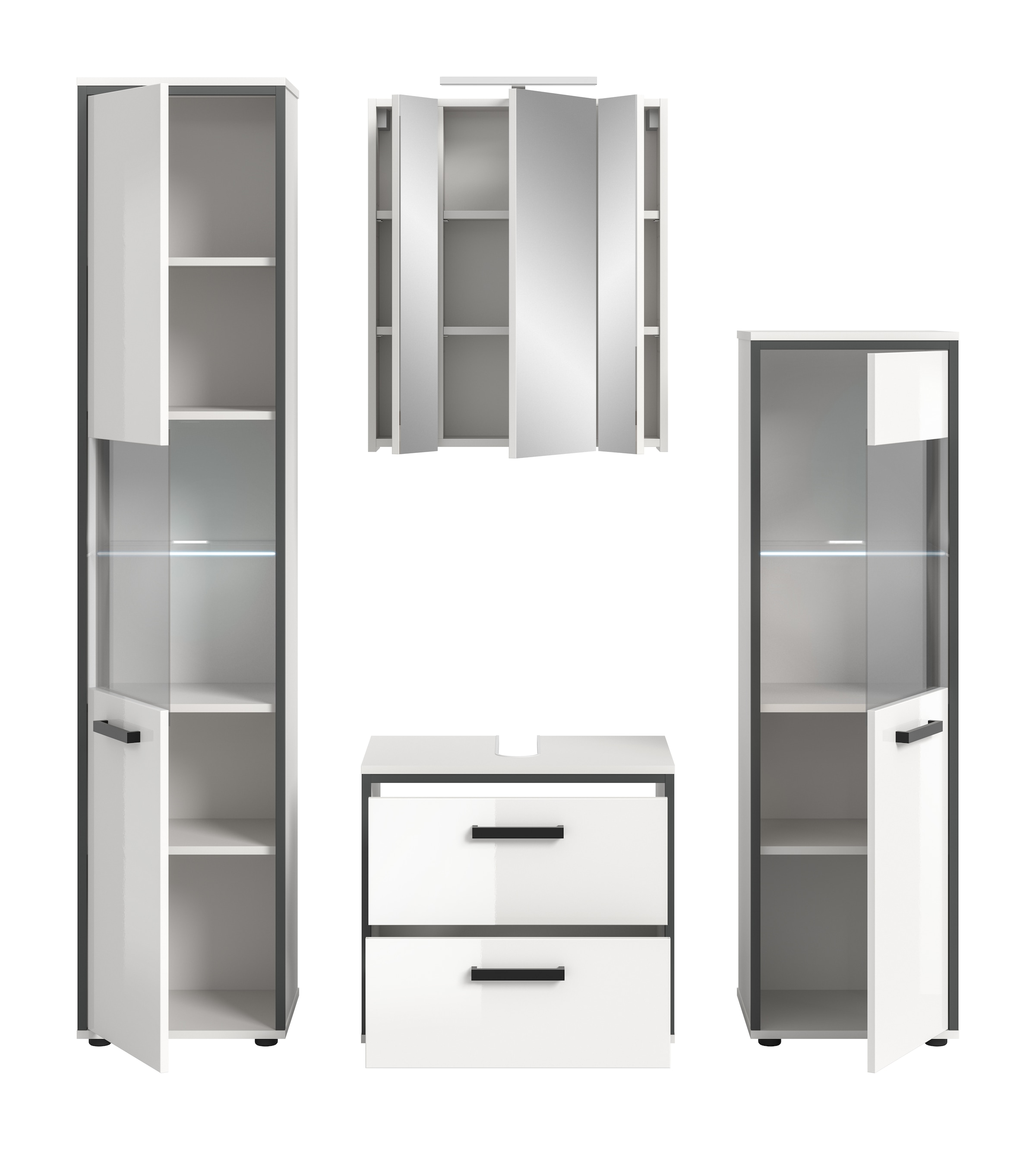 welltime Ensemble de meubles de salle de bain »KAJO, 4-tlg. Badkombination, weiss hochglanz inkl.Beleuchtung« Set, Set, best. aus:Hochschrank,Midischrank,WBU,Spiegelschrank,Beleuchtung, 7 cuis tlg.