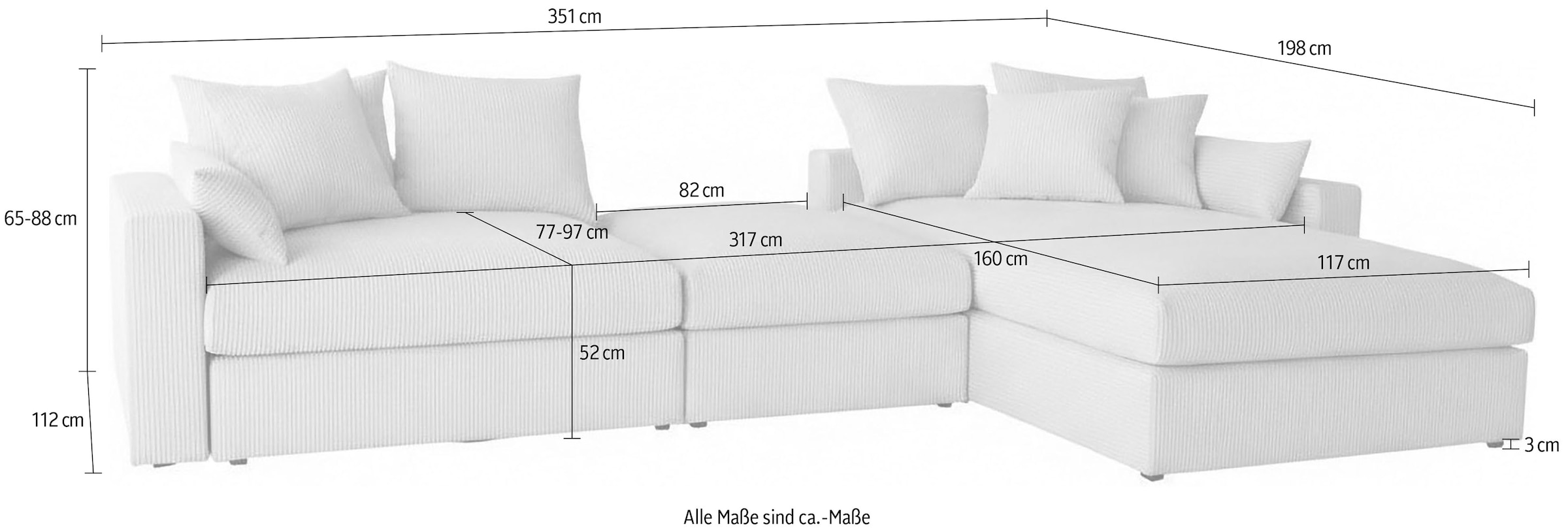 GOODproduct Canapé d'angle »Cosy Lounge U-Form, Breite 351 cm« méga canapé recouvert de velours côtelé, avec ressorts et 5 coussins décoratifs