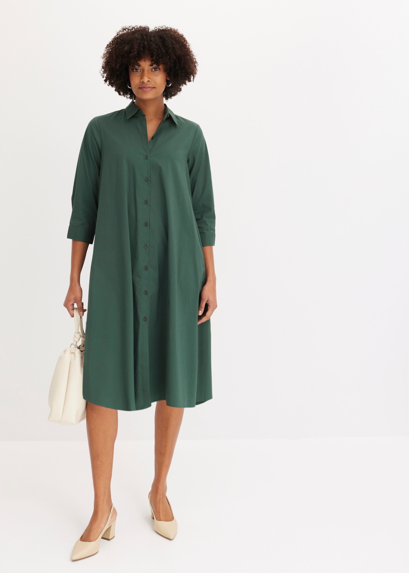 bonprix Robe chemisier Coupe trapèze, manches 3/4, col chemise