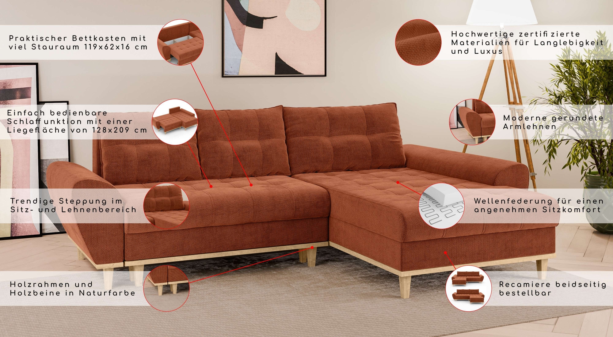 Home affaire Ecksofa »Ahrdorf mit Bettfunktion und Bettkasten, Masse: B/H/T 268/86/175 cm«, L-Form mit 3 Rückenkissen und moderne gerundete Armlehnen