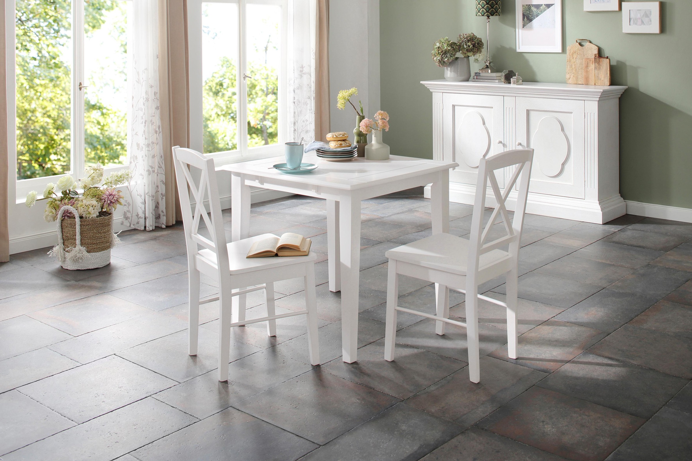 Image of Home affaire Essgruppe »Olvera«, (Set, 3 tlg.), aus massivem Kiefernholz, bestehend aus Fullerton Esstisch 80 cm und 2 Sonoma Esszimmerstühlen (3-tlg.) bei Ackermann Versand Schweiz