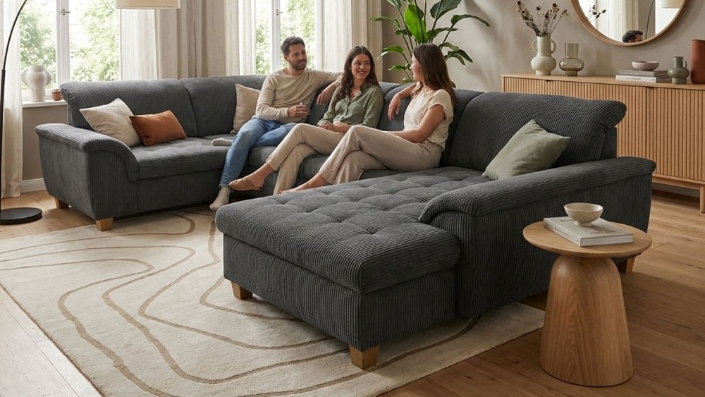 Image of GOODproduct Wohnlandschaft "Egedal 344 x 214 cm, auch mit Schlaffunktion & Bettkasten, Holzfüsse" Kopfteile verstellbar, U-Form, aus Pet Friendly Cord