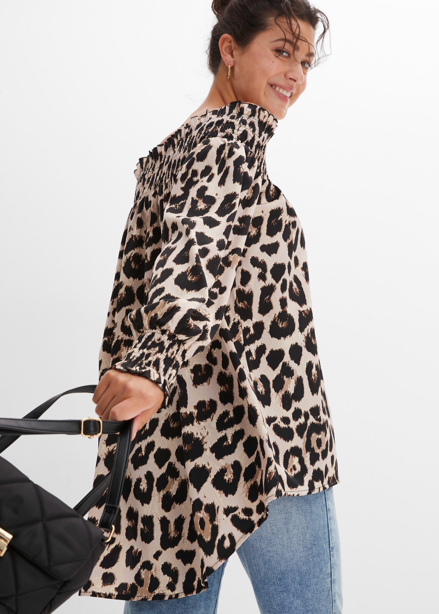 bonprix Chemisier long Oversize-Passform, Vokuhila-Schnitt, mit Rüschen, aus Polyester