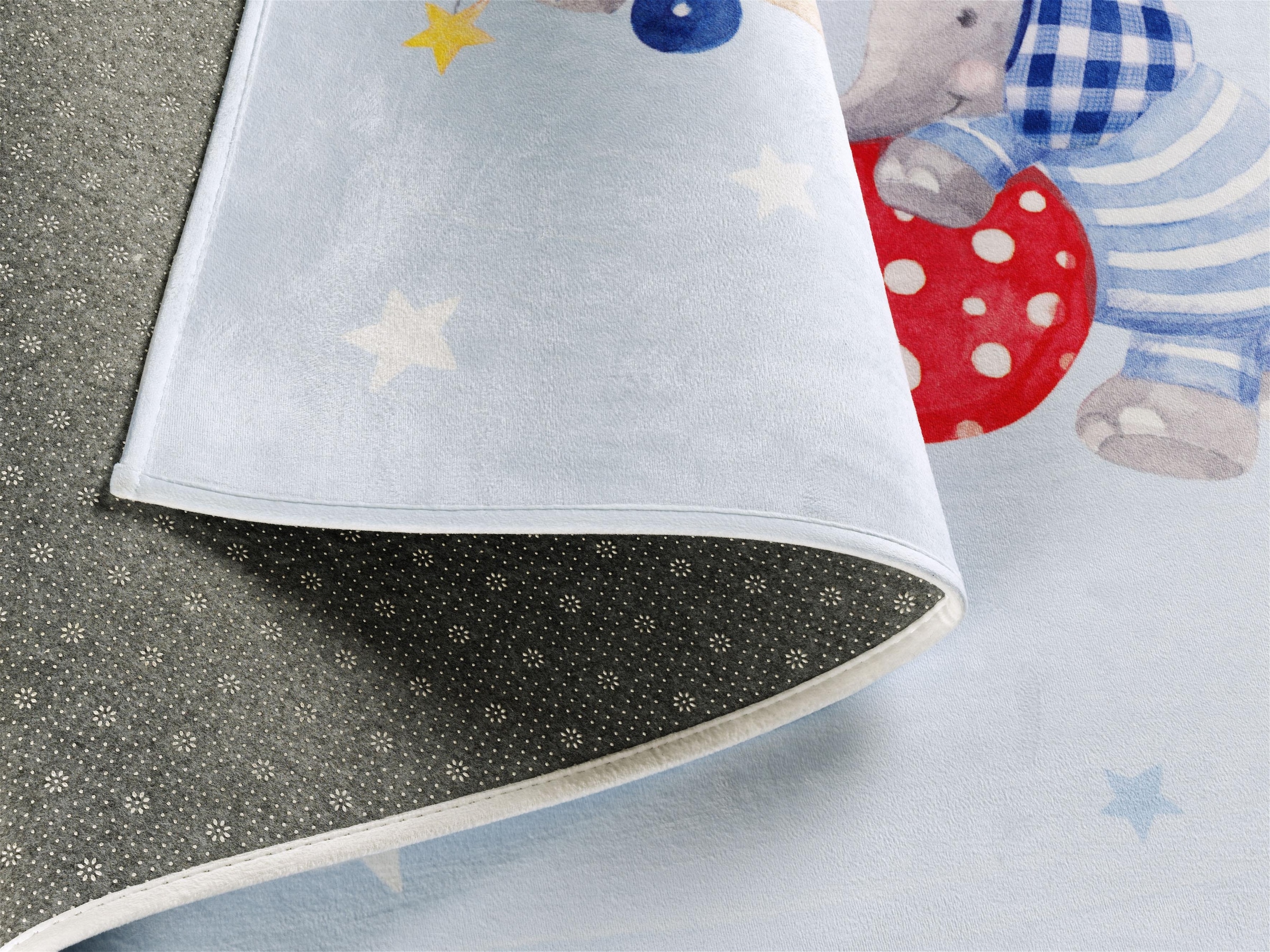 Babyglück Kinderteppich »Babyglück 713«, rechteckig, 6 mm Höhe, Stoff Druck, Motiv Elefanten, weiche Mircofaser, Kinderzimmer