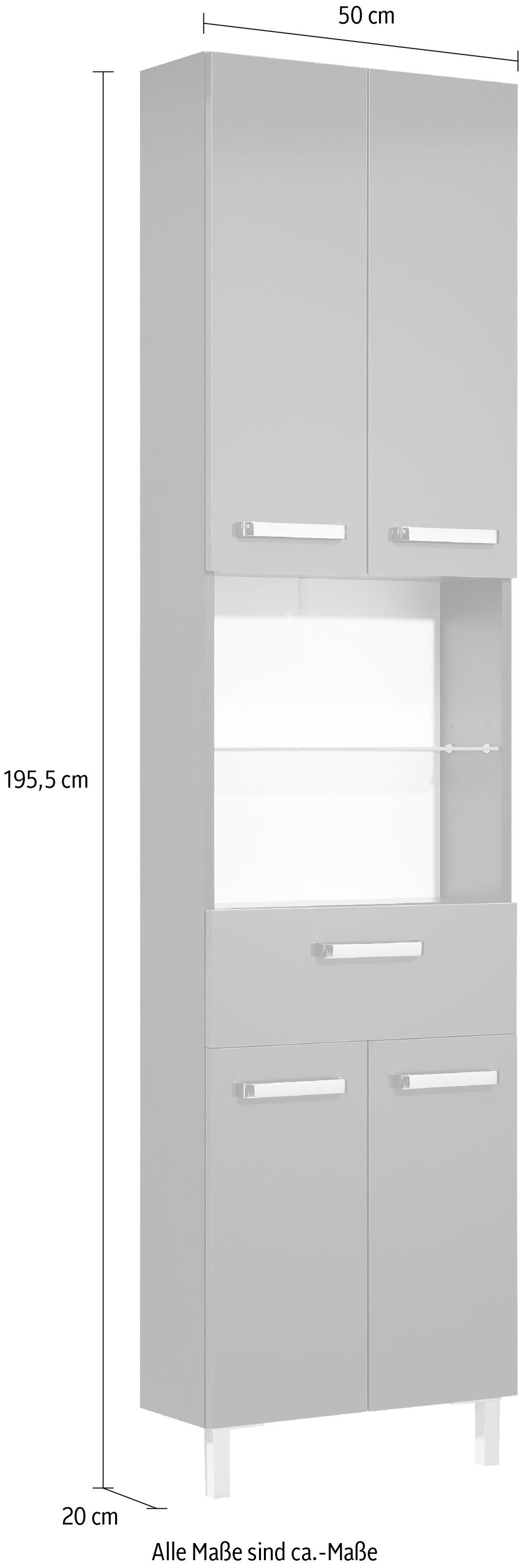 Saphir Armoire haute »Quickset Badschrank 50 cm breit, 4 Türen, 2 Nischen, 1 Schublade« armoire haute de salle de bain avec amortisseur de porte, poignées chrome brillant