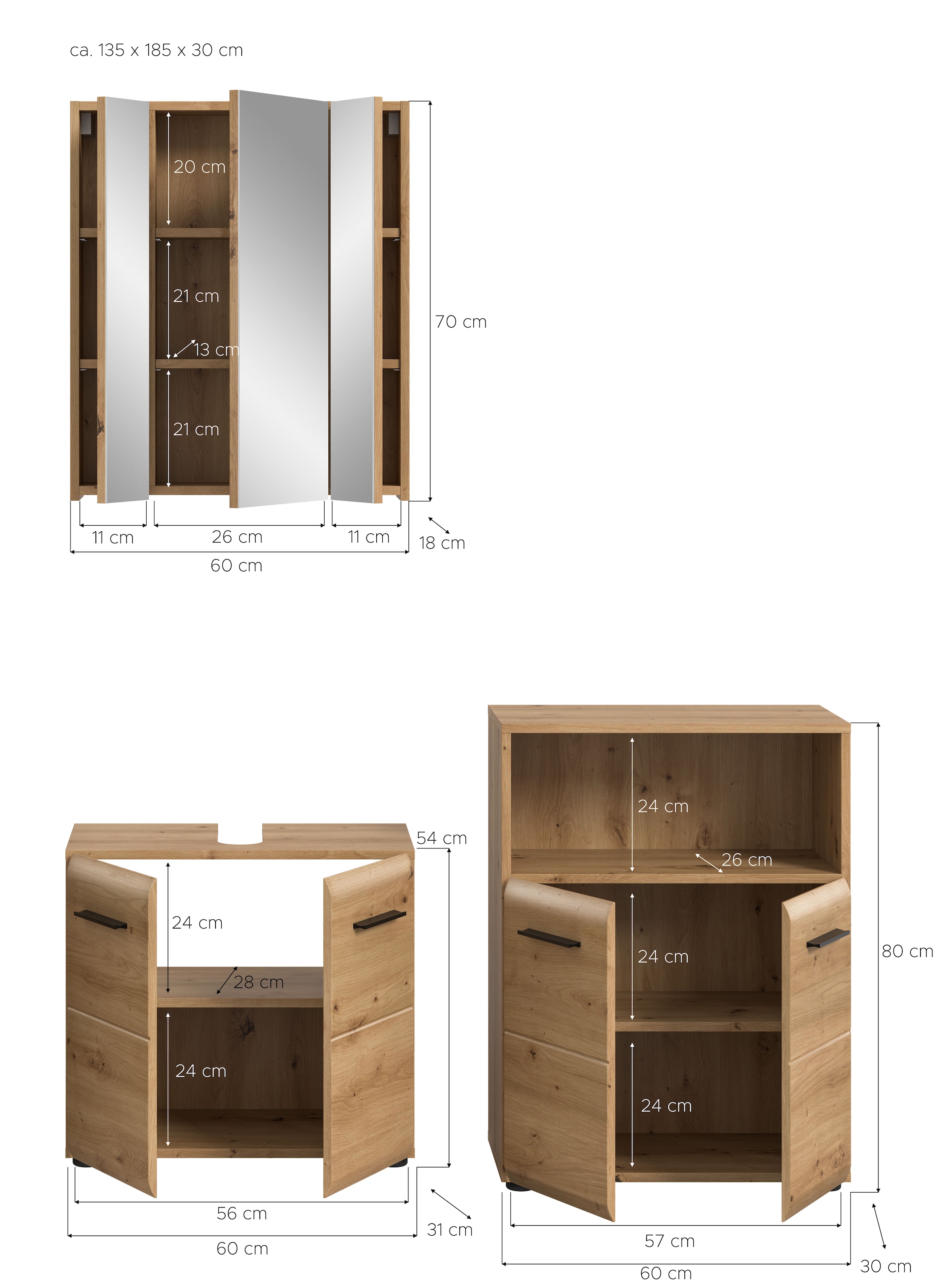 welltime Badmöbel-Set »FLORENZ,  3-teilige Badkombination, hochwertige MDF-Front« Set, best. aus: Waschbeckenunterschrank, Spiegelschrank, Midischrank breit, 3 Stk. tlg.