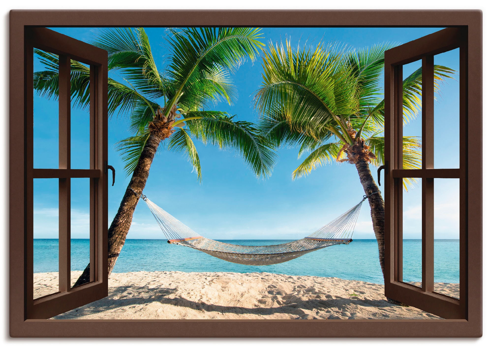 Image of Artland Leinwandbild "Fensterblick Palmenstrand Karibik" Amerika 1 Stk. tlg. auf Holzrahmen gespannt