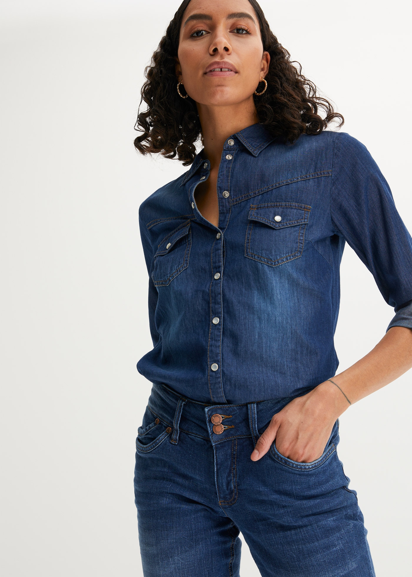 Image of bonprix Jeansbluse schmale Passform, aus reiner Baumwolle, mit Druckknopfleiste