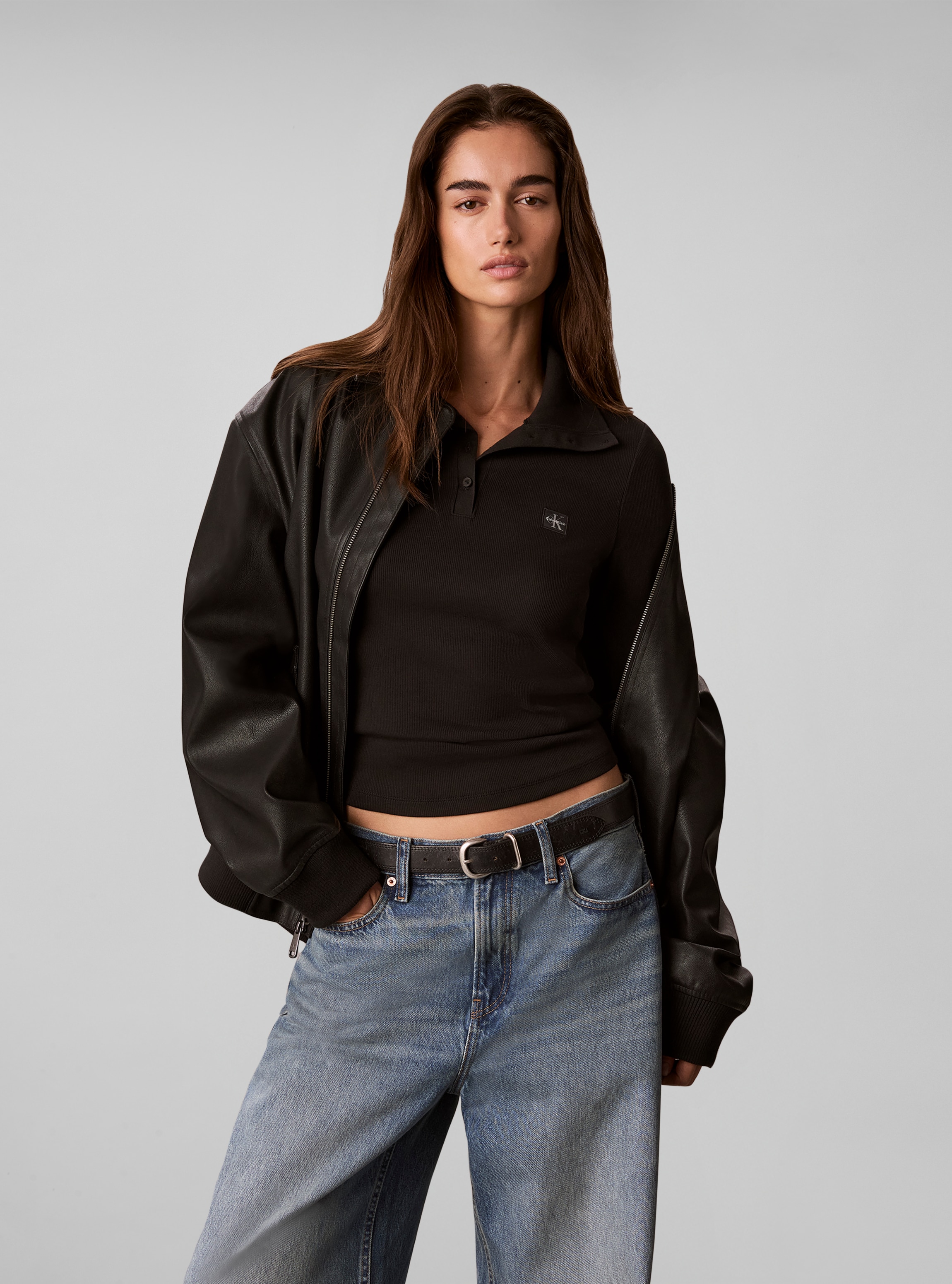 Image of Calvin Klein Langarmshirt Kragen mit Knopfleiste, Regular Fit, kurze Form