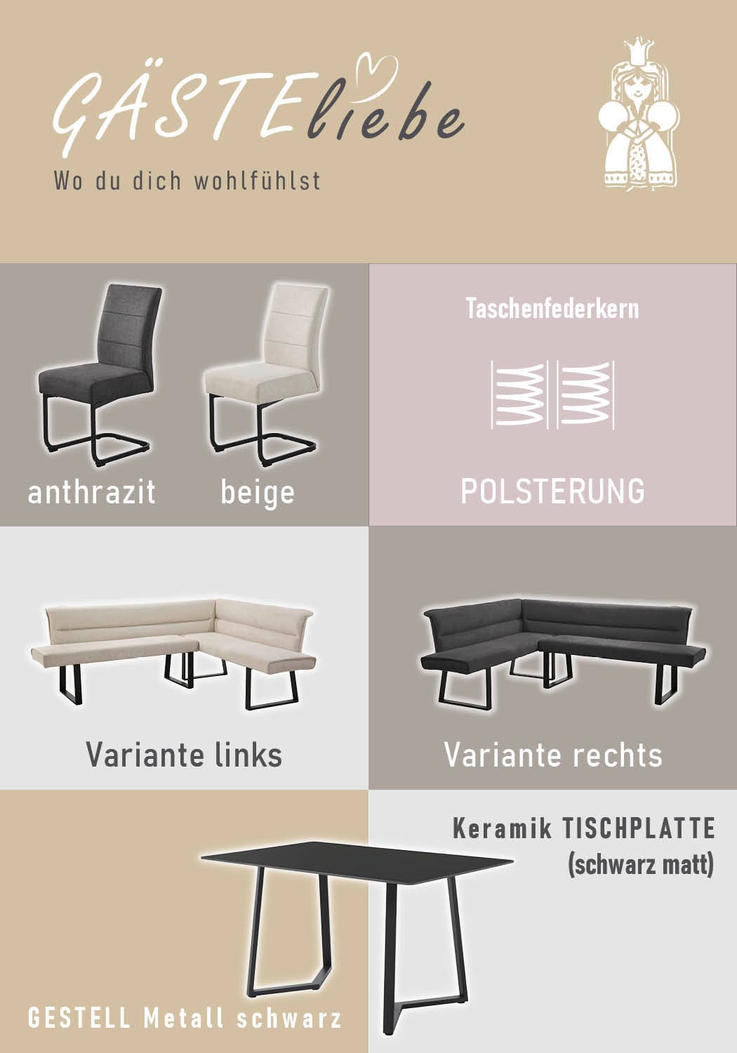 GOODproduct Eckbankgruppe »Tisch, Bank und 2 Stühle, Taschenfederkern« Set, 4 tlg. Tisch (140x90cm) schwarz, Bank und Stühle anthrazit oder beige