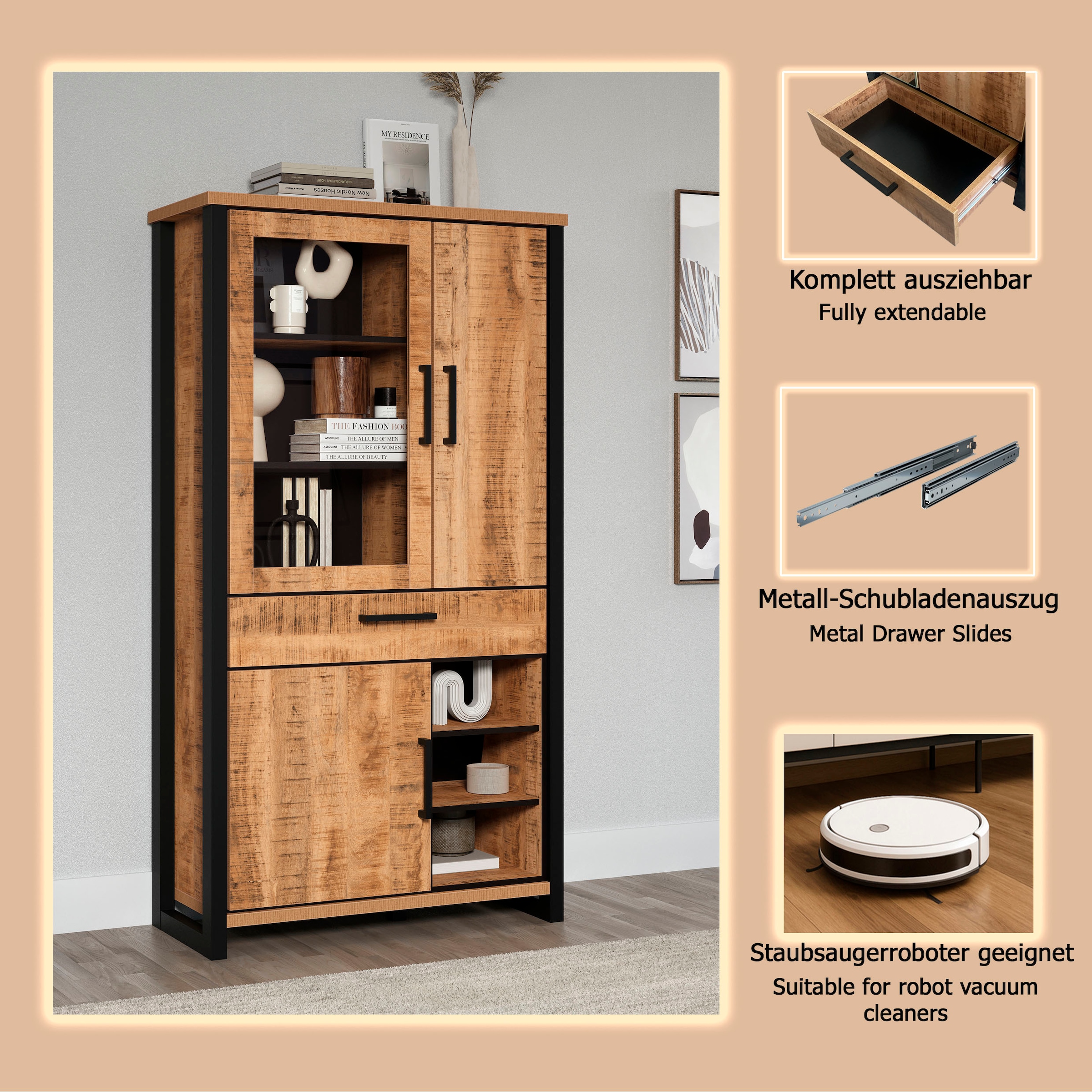 Home affaire Vitrines »Elda« 1 cuis tlg. Vitrine mit 3 Türen & 1 Vollauszug Schublade - (B/T/H) 106/45/195 cm