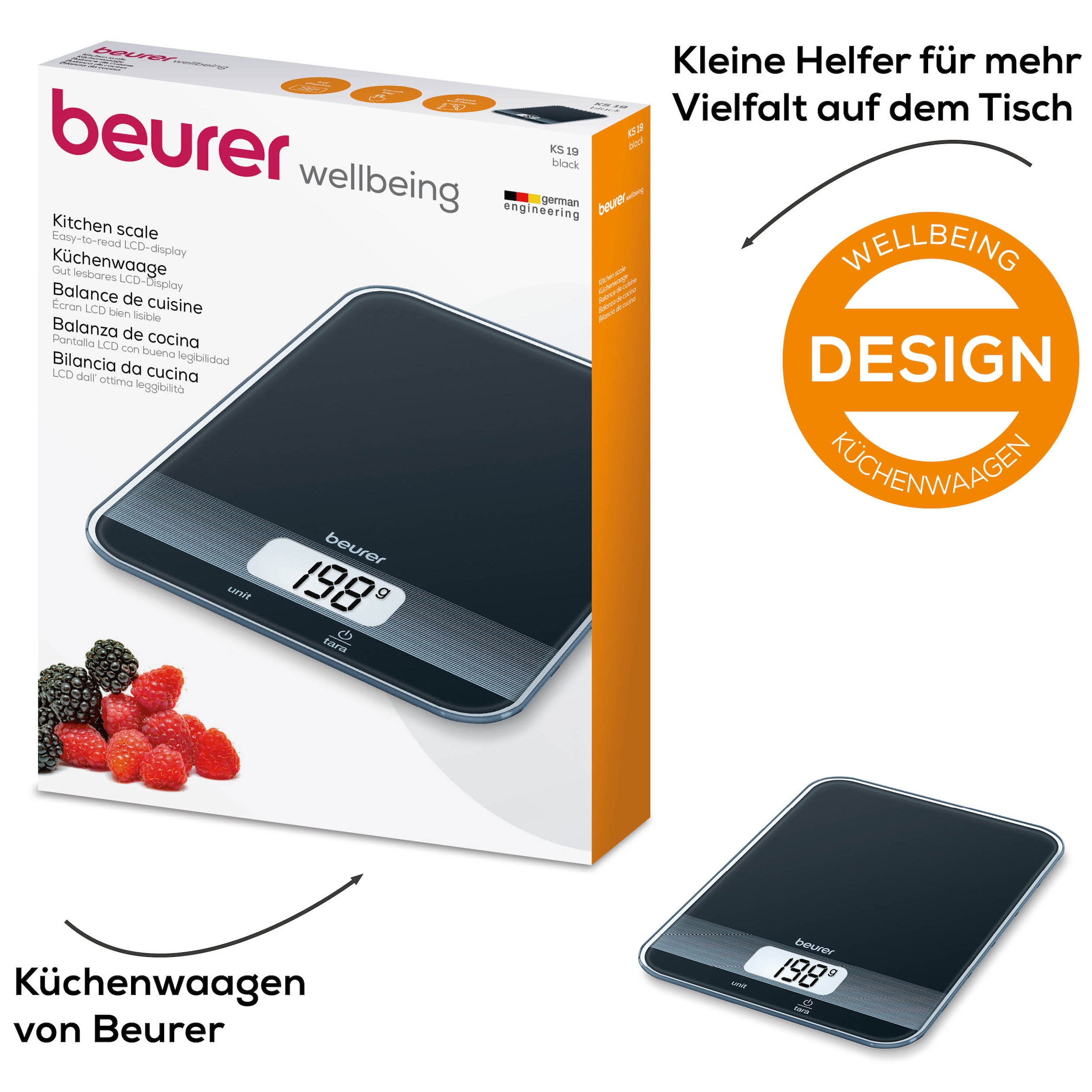Image of BEURER Küchenwaage "KS 19 flaches Design mit 16 mm, leicht zu reinigende Glasoberfläche" Koch- und Backwaage mit 5 kg Tragkraft, mit Tara-Zuwiegefunktion