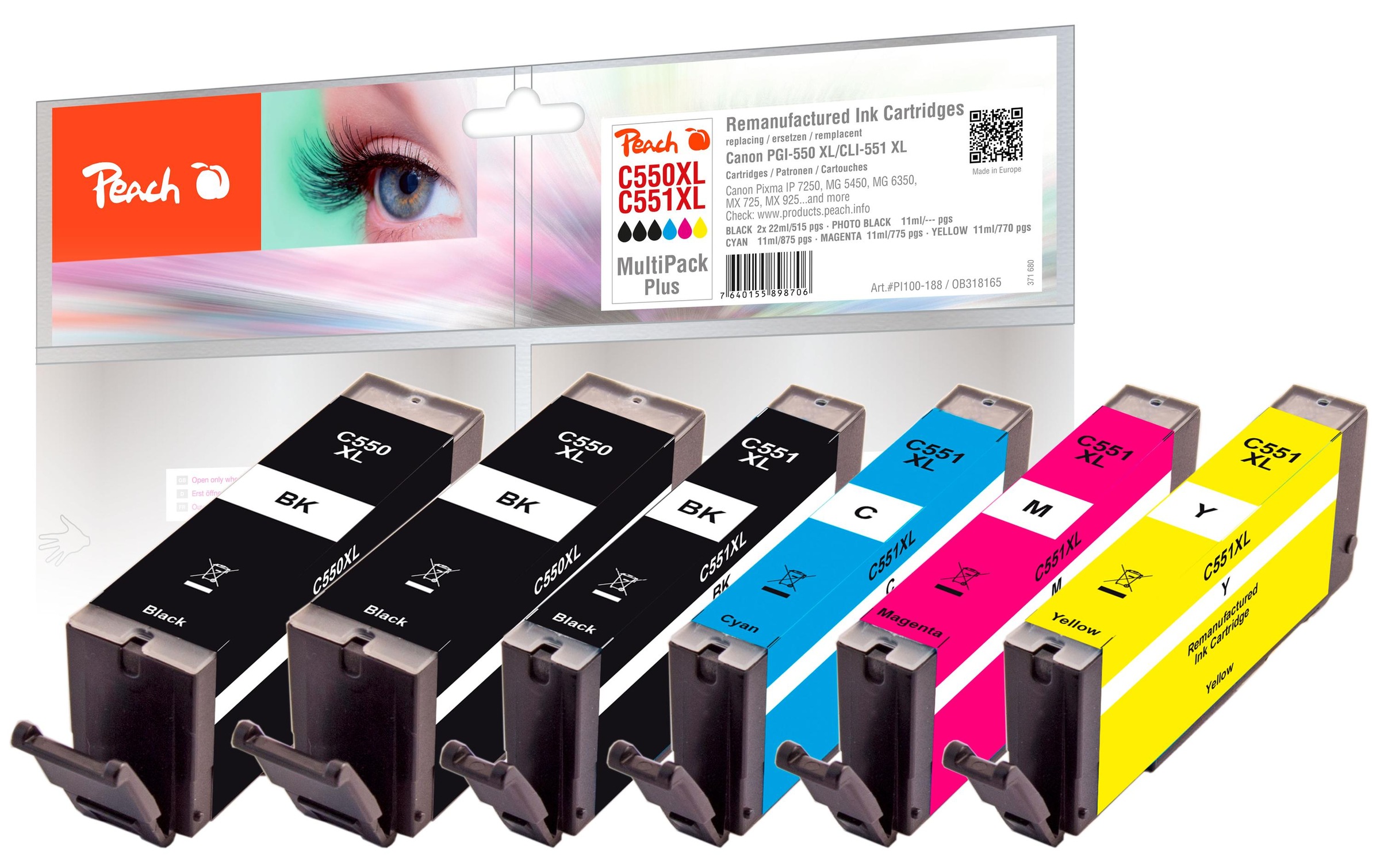 Tintenpatrone »Peach Canon PGI-550XL/CLI-551XL,Multi-Plus C, M, Y, BK, PHBK«, (6 St.)