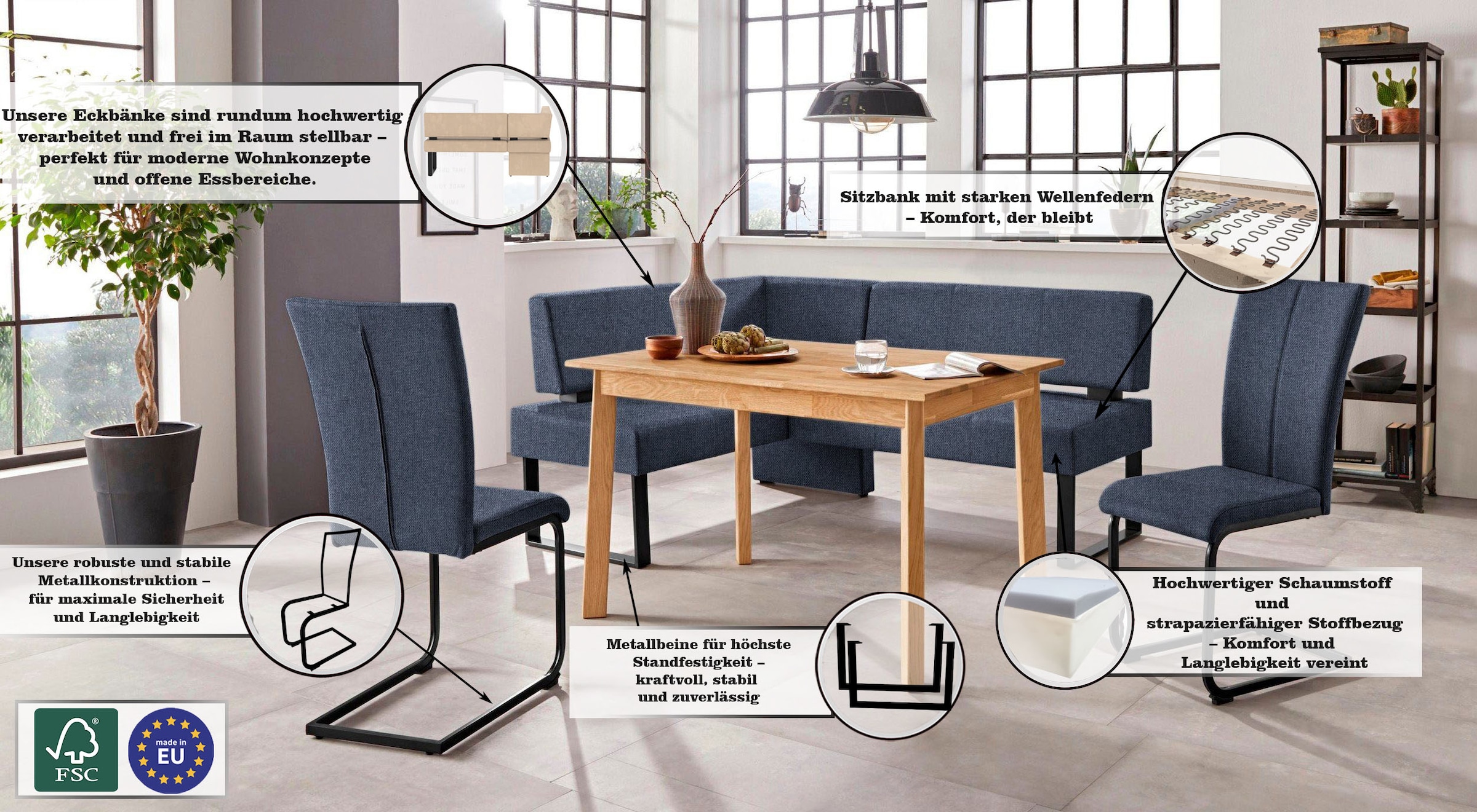 Home affaire Banc d'angle »Oliver mit Metallgestell, Küchenbank« verschiedene Bezüge Cord Esszimmerbank OTTOs Choice