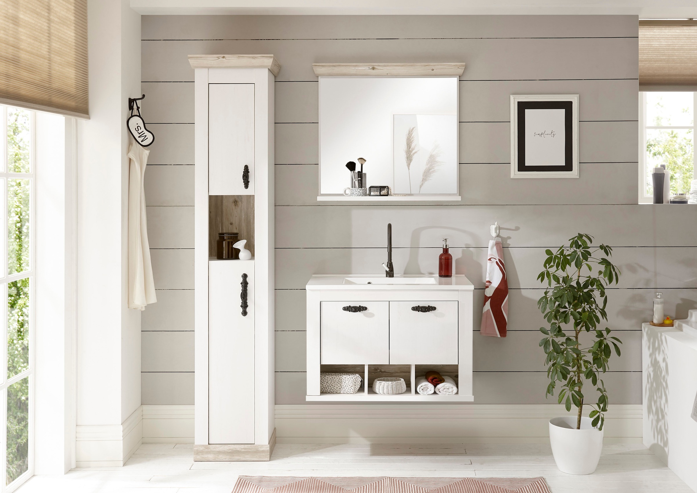 Home affaire Badmöbel-Set »Florenz, Bad im Landhausstil, 3-teiliges Badezimmer«, (3 St.), Hänge-Waschtisch, Schrank und Spiegel, in Pinie Weiss, Stauraum