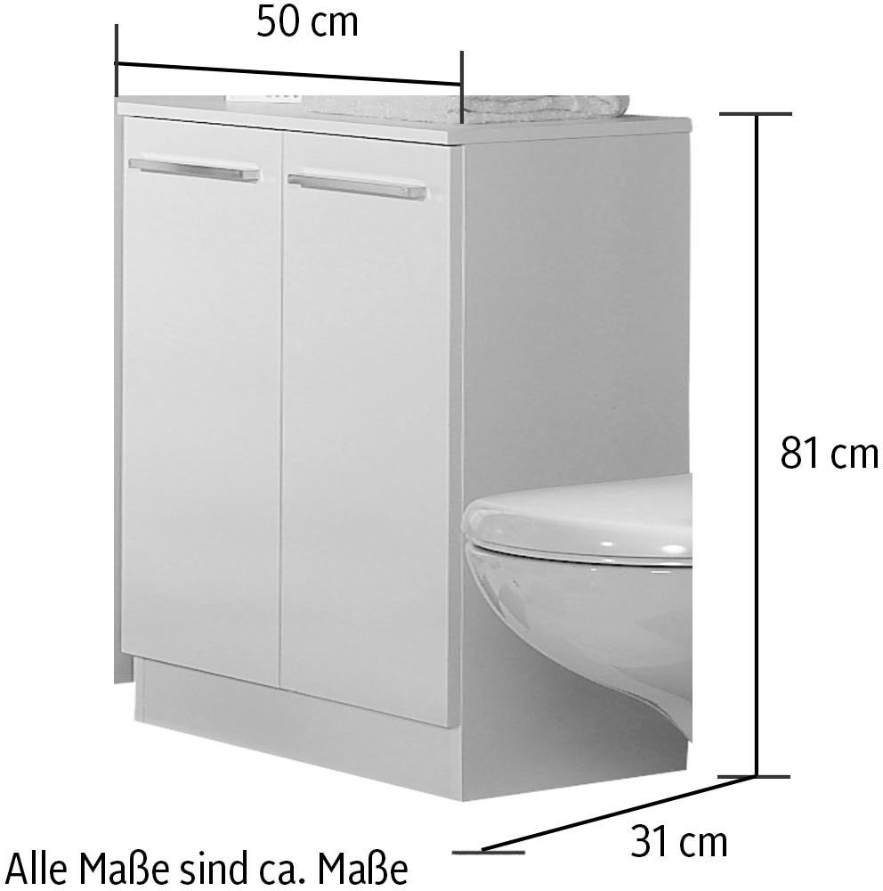 Saphir Armoire basse »Quickset 335 Badschrank, 2 Türen, 1 Einlegeboden, 50 cm breit« meuble sous lavabo, blanc brillant, poignées chromées brillantes