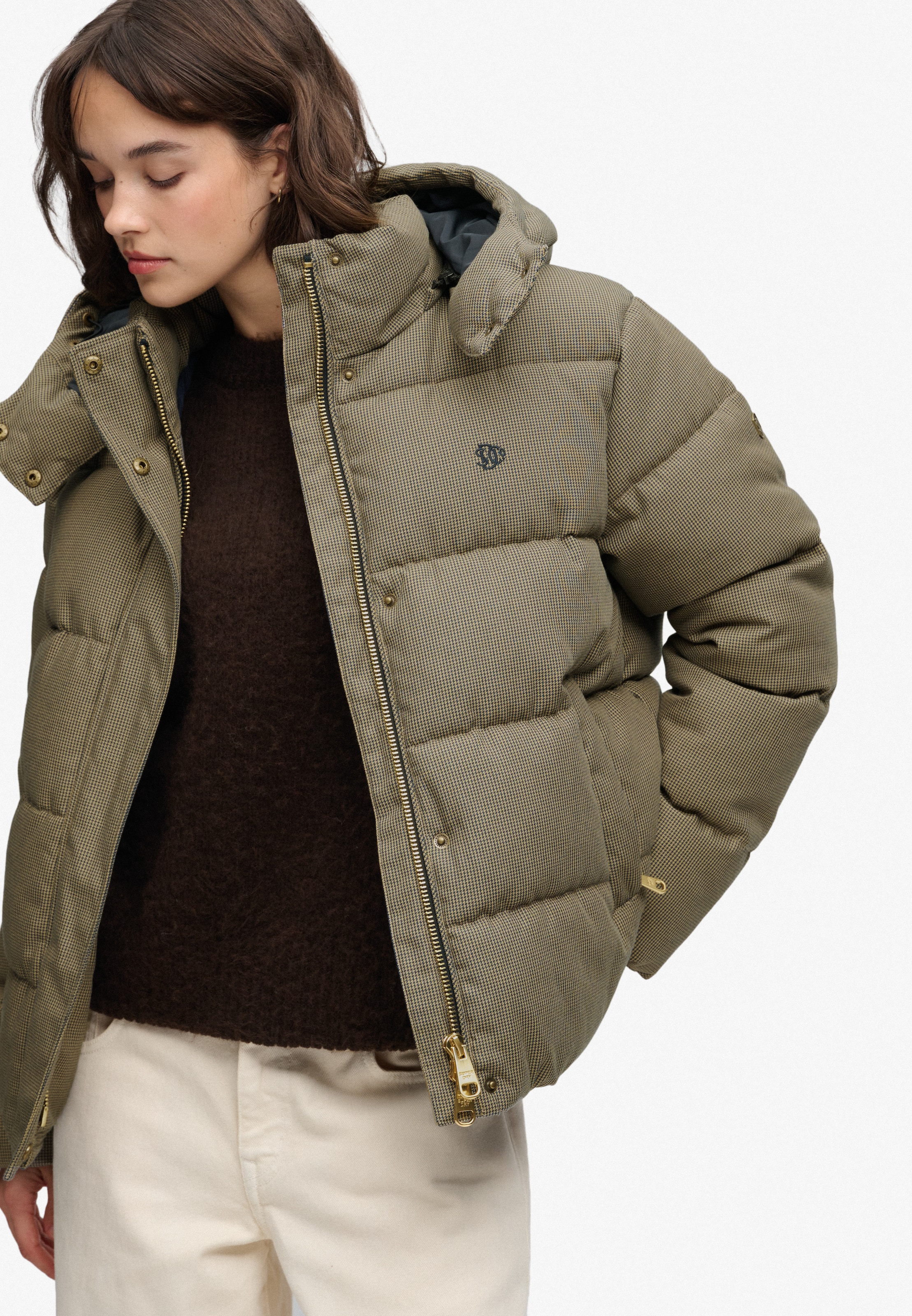 Superdry Steppjacke »PREMIUM HOOD CHECK PUFFER JKT« mit Kapuze Materialmix, relaxed fit, aussen aus Webstoff mit Hahnentritt-Muster