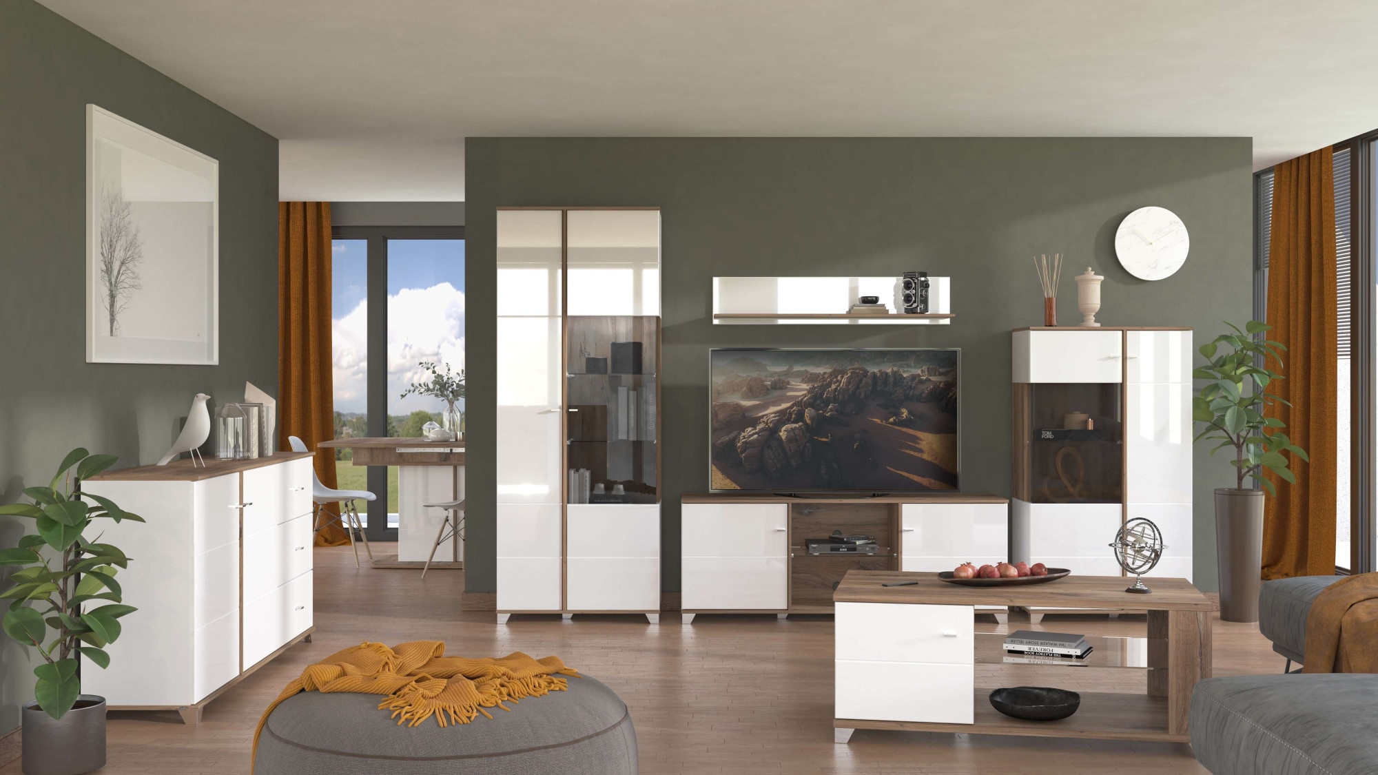 INOSIGN Highboard »Burgundy Sideboard, Stauraumschrank, Anrichte, Hochschrank, B93cm« Hochglanzfronten und eine Innenausstattung in Flagstaff Eiche