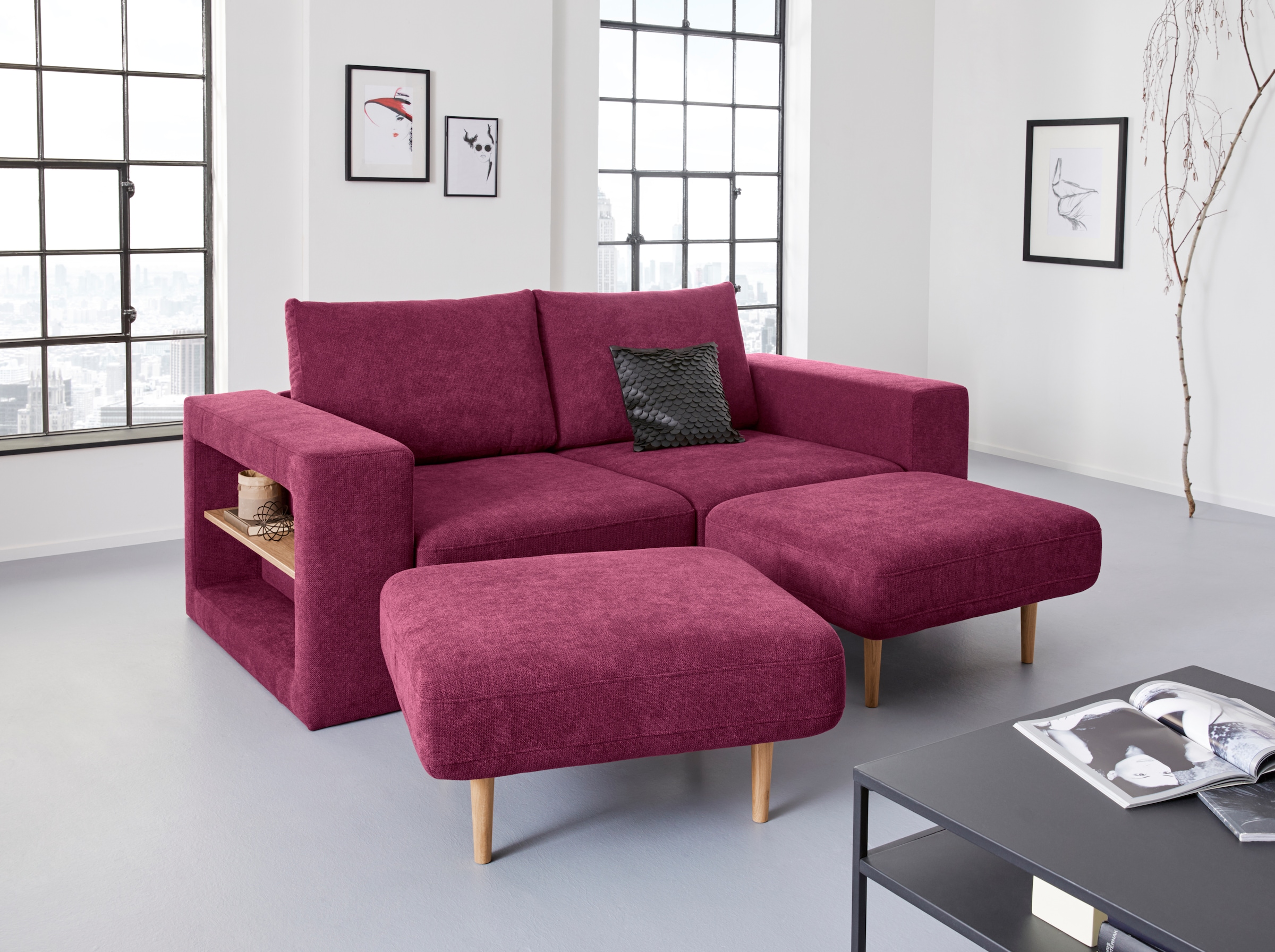 3-Sitzer »Looksvb«, Verwandlungssofa: aus Sofa wird Sofa mit 2 Hockern, mit Regalfunktion