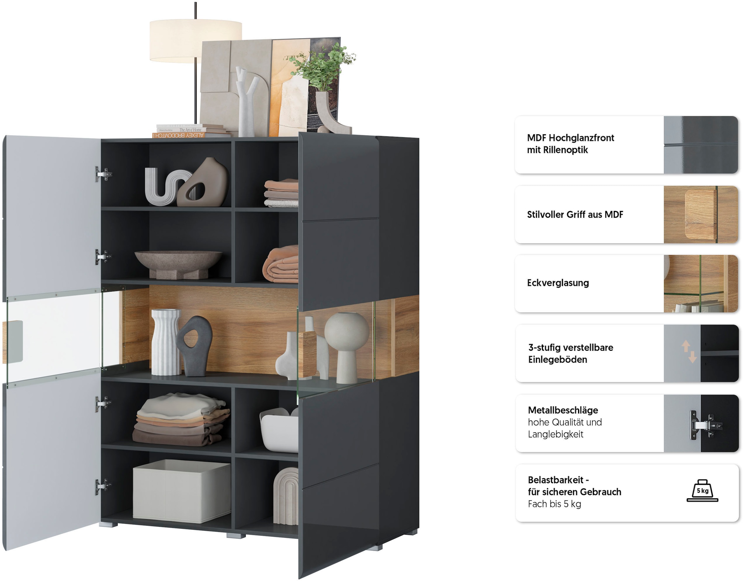 GOODproduct Buffet haut »Toledo,Breite 121,5 cm, trendige Hochkommode mit 2 Türen« Armoire haute avec parties en verre, façades laquées brillantes stylées