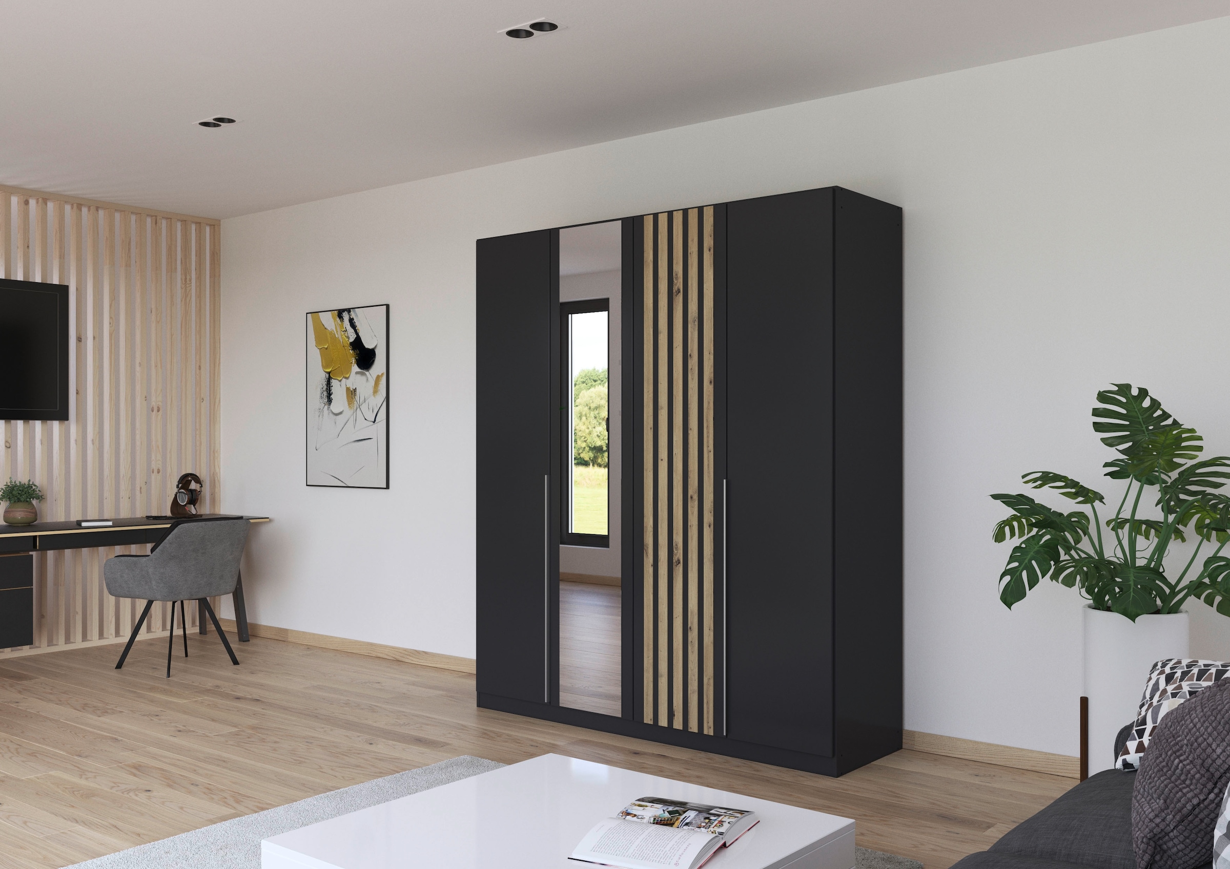 rauch Drehtürenschrank »Kleiderschrank Schrank Garderobe Wäscheschrank Schlafzimmer LAMELLA« Breiten 181/226/271 cm in 3 Ausstattungen BASIC/CLASSIC/PREMIUM,  elegante Lamellen-Auflage in 3D Akustikpaneel Optik MADE IN GERMANY