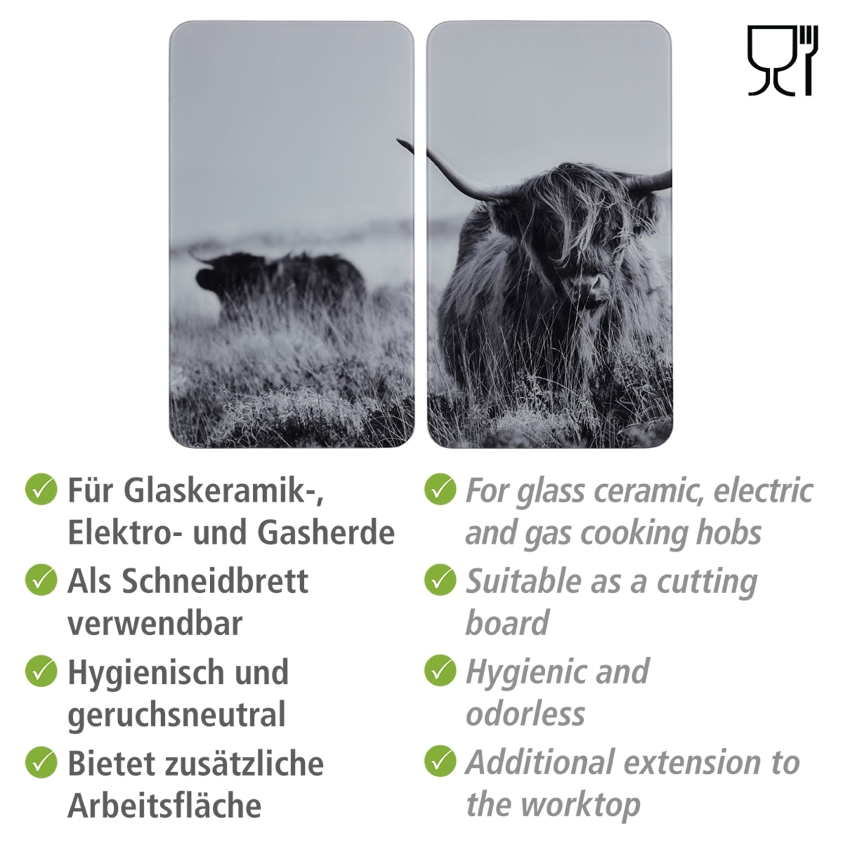 WENKO Herd-Abdeckplatte »Universal Modell Highland Cattle«, (Set, 2 tlg.), Herdabdeckung für alle Herdarten, kratzfest, mit rutschfesten Füssen