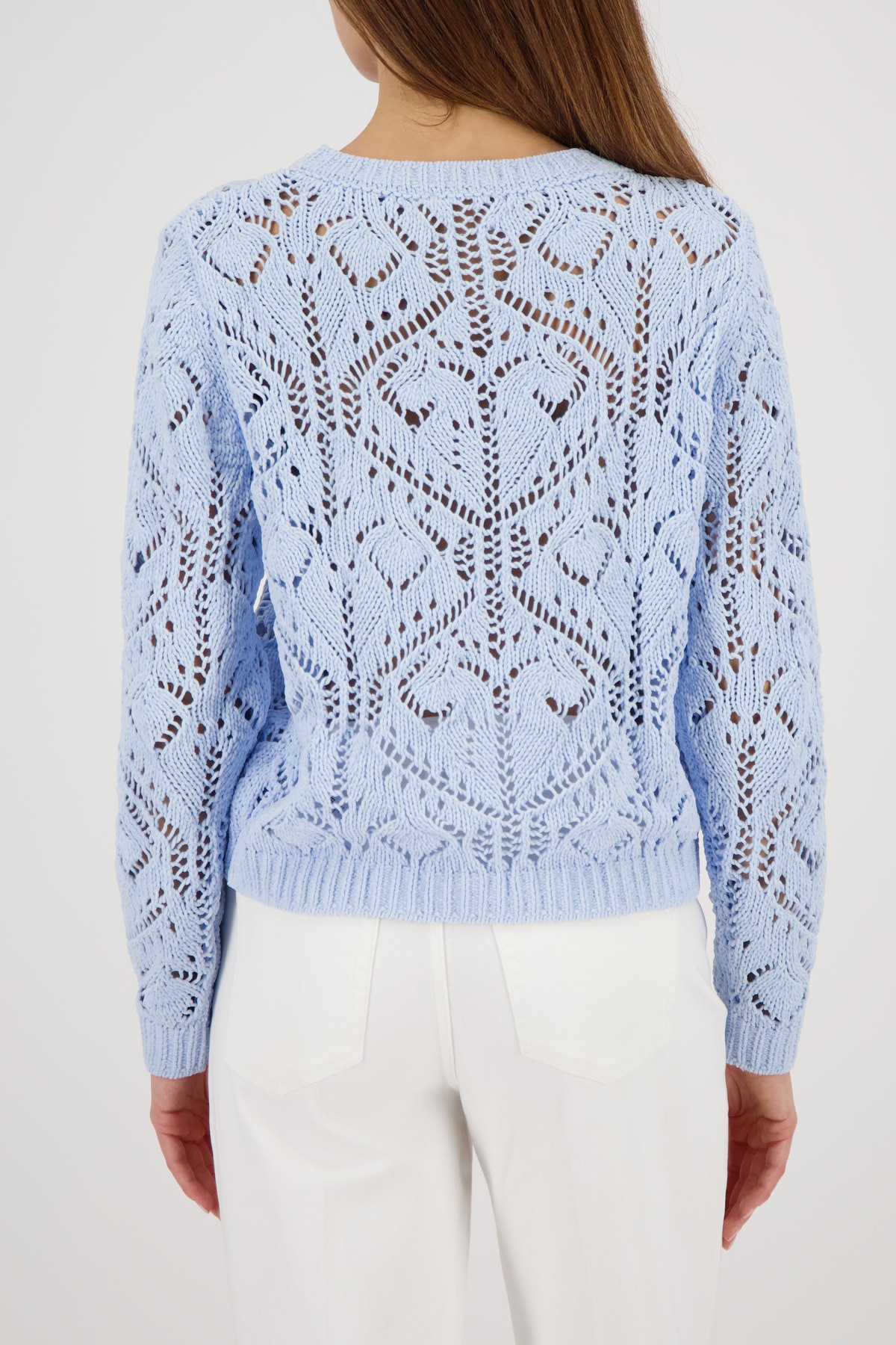 Monari Pull en tricot »Ajour« Rundhalsausschnitt, Chenillegarn, Leicht überschnittene Schultern