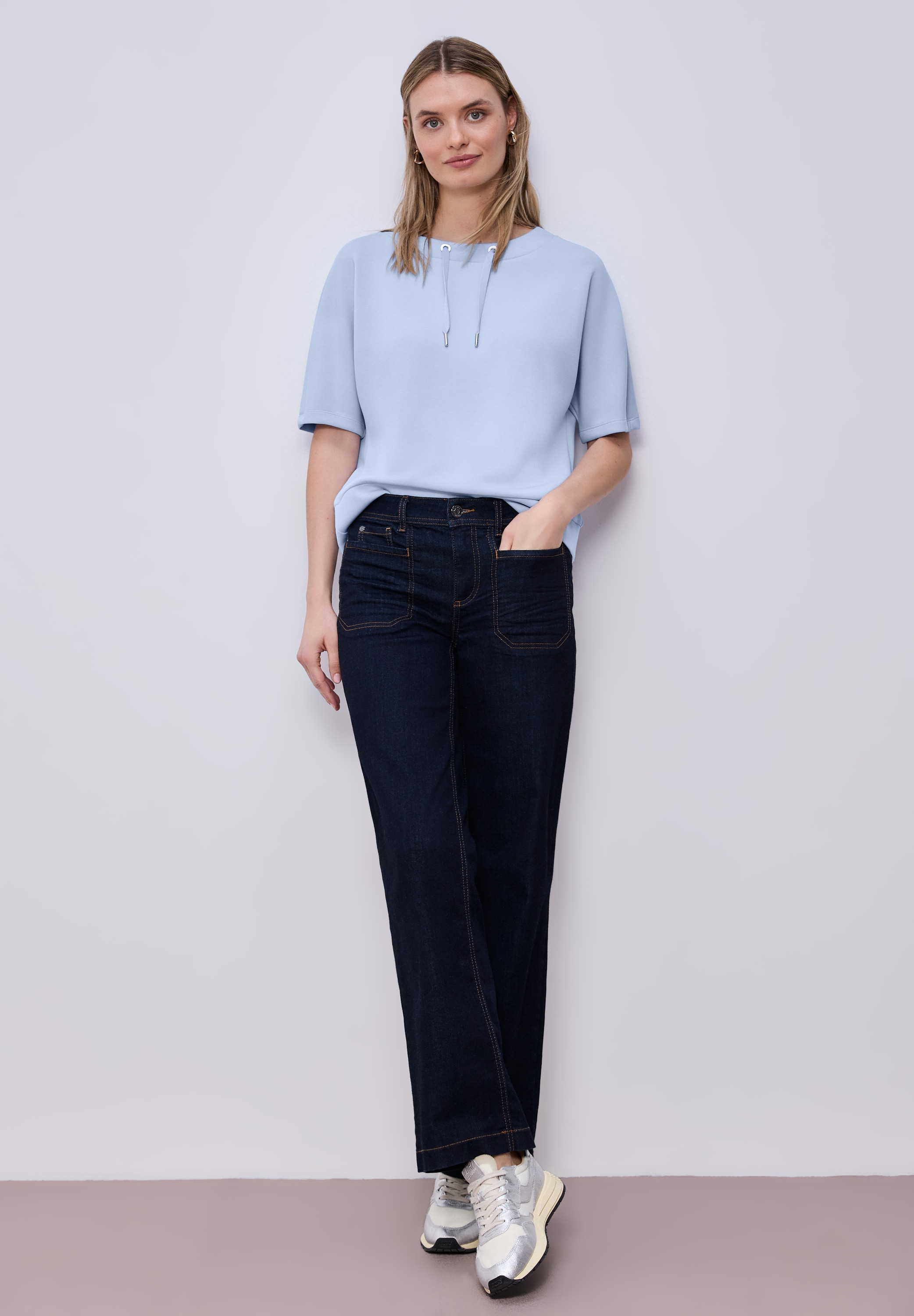 STREET ONE Sweatshirt , Halbarm Silk-Look Shirt mit Kordelzug
