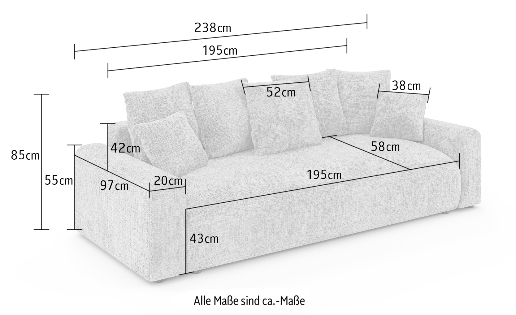 Home affaire Big-Sofa »LAKESIDE klein 3-Sitzer Schlafsofa mit Bettkasten, Breite 238 cm« Liegefläche 149x195 cm, hoher Sitzkomfort, Masse B/T/H: 238/98/85cm