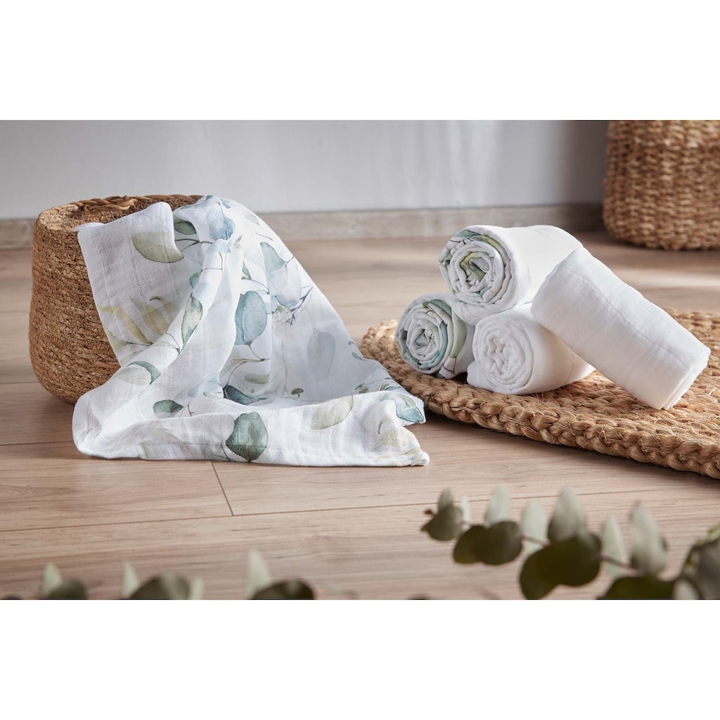 Rotho Babydesign Stoffwindeln »Musselintuch weiss/Natural Leaves«, (Set, 2 St.)