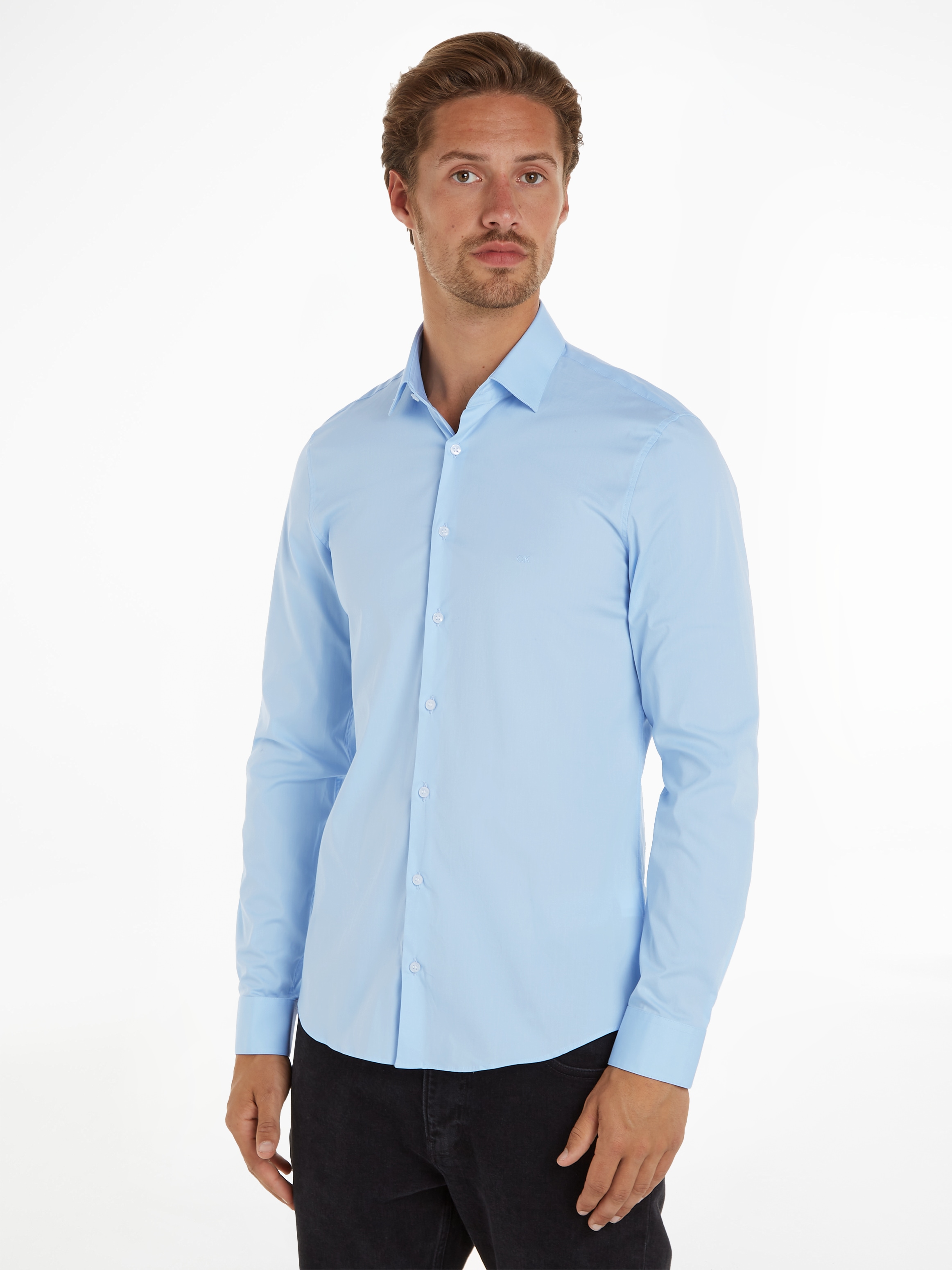 Calvin Klein Businesshemd »POPLIN STRETCH SLIM SHIRT«, mit Kentkragen, Logoprint auf Brusthöhe